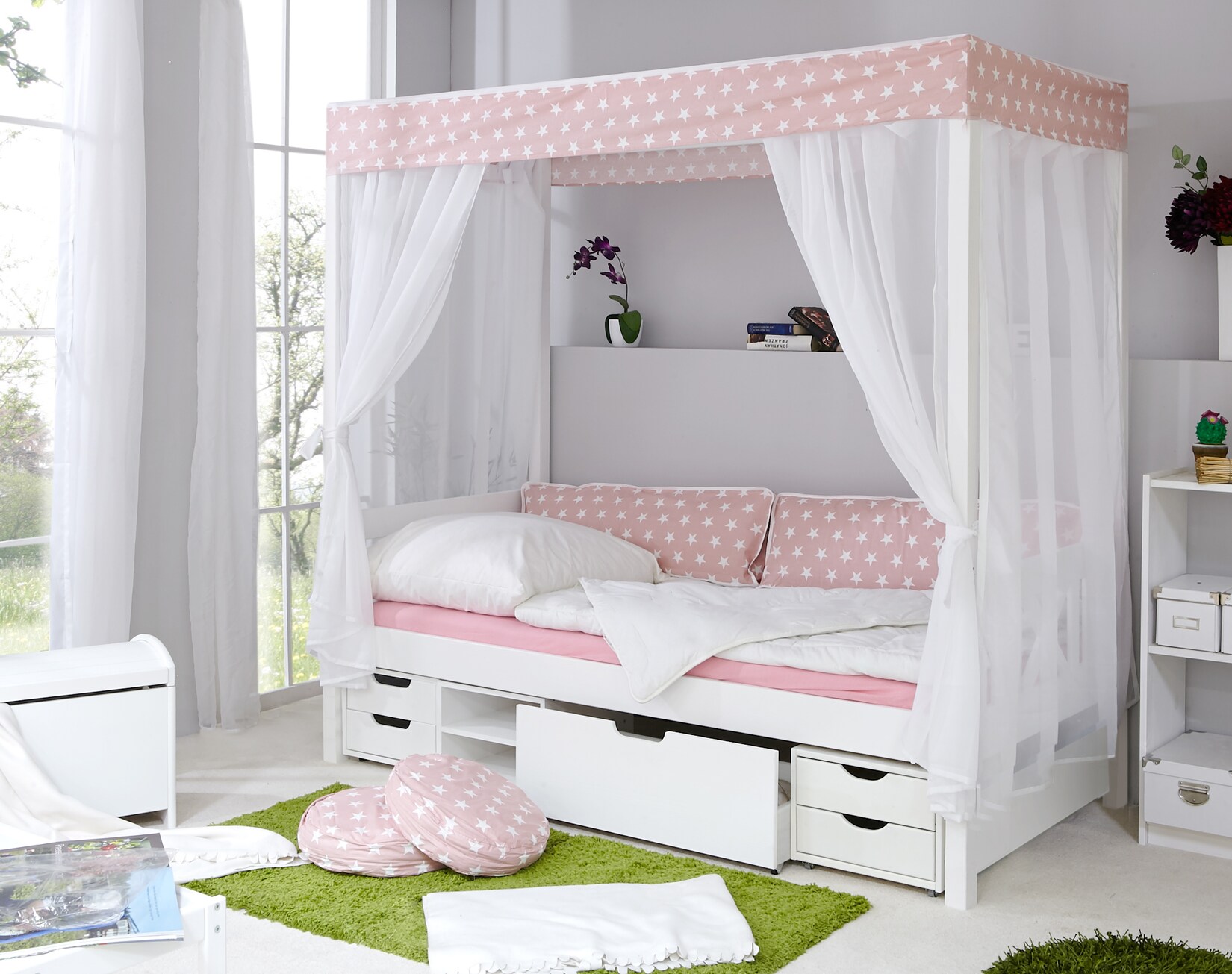 TiCAA Himmelbett "Rosa" 310 Kiefer Weiß (Rosa/Weiß Stern)