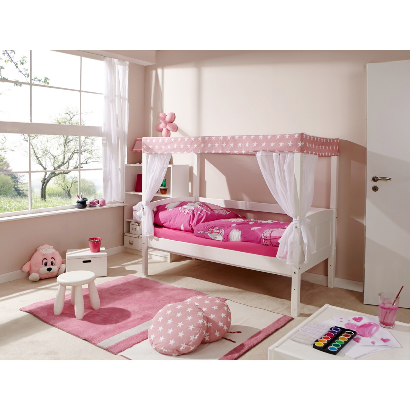 TiCAA Himmelbett Mini mit Bettkasten "Stern Rosa" Kiefer Wei&szlig; - Bild 1