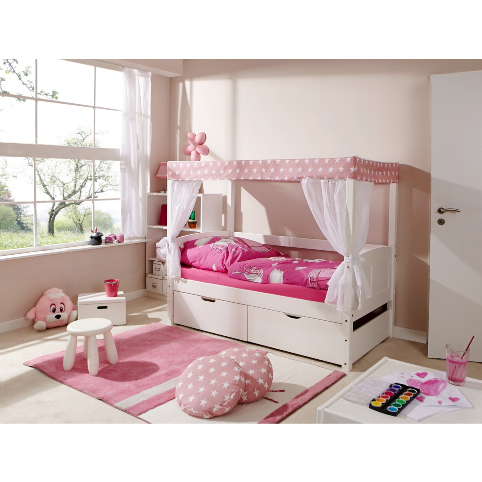 TiCAA Himmelbett Mini mit Bettkasten "Stern Rosa" Kiefer Wei&szlig; - Bild 1