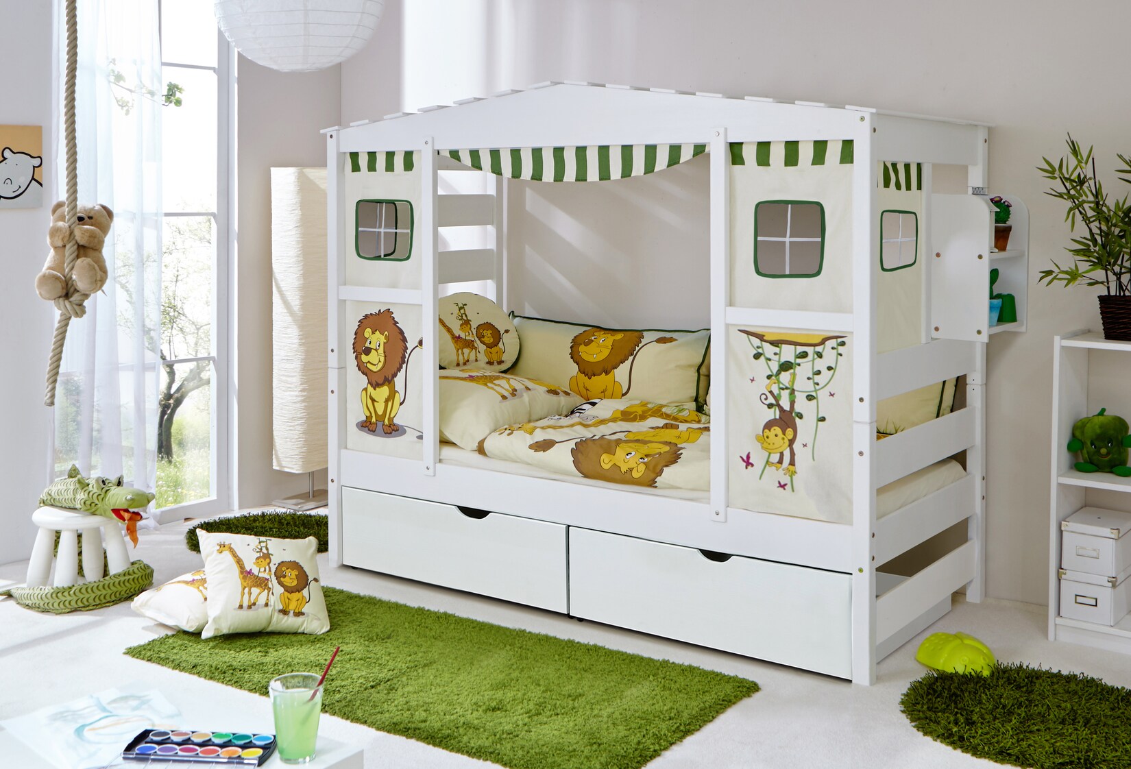 TiCAA Hausbett mit Bettkasten "Safari" Kiefer Weiß