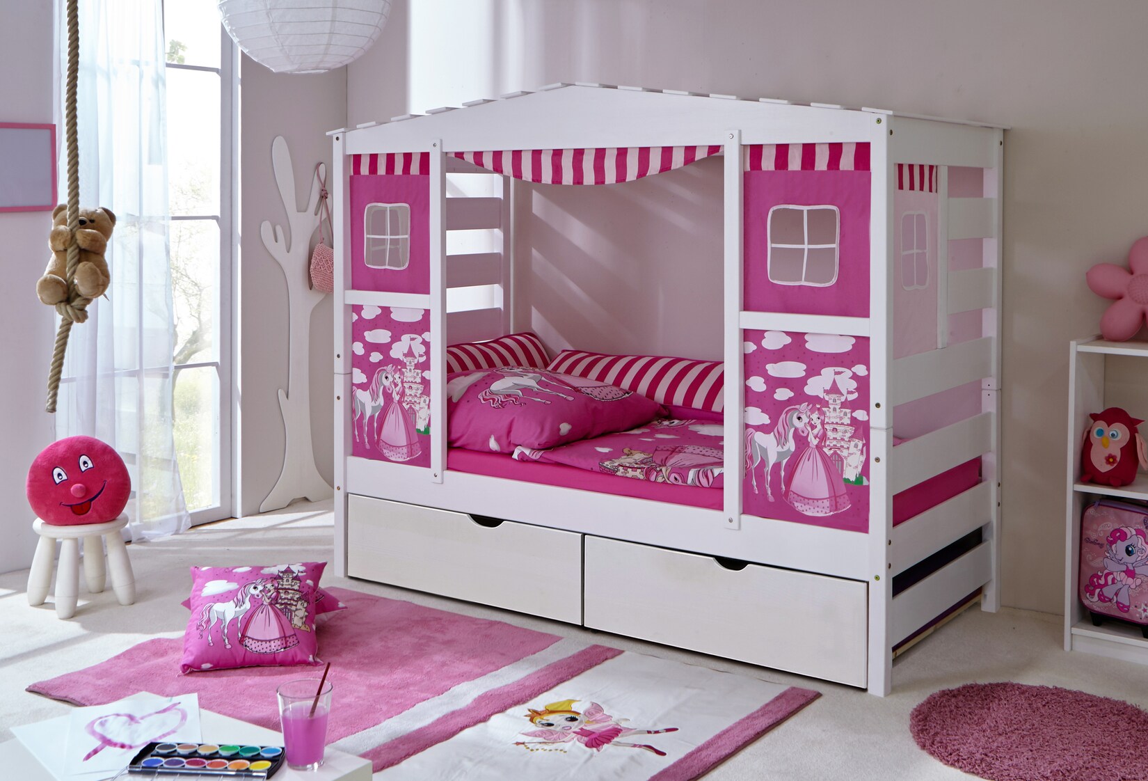 TiCAA Hausbett mit Bettkasten "Horse Rosa" Kiefer Weiß