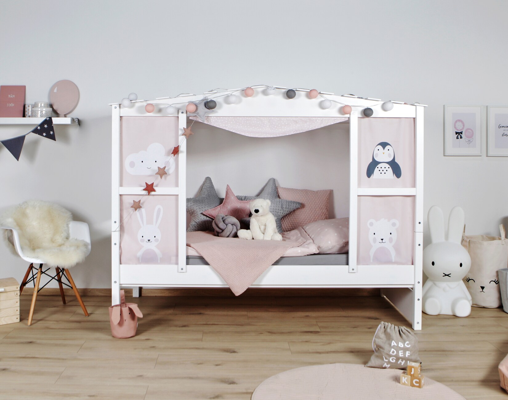 TiCAA Hausbett mit Bettkasten "Amelie" Kiefer Weiß
