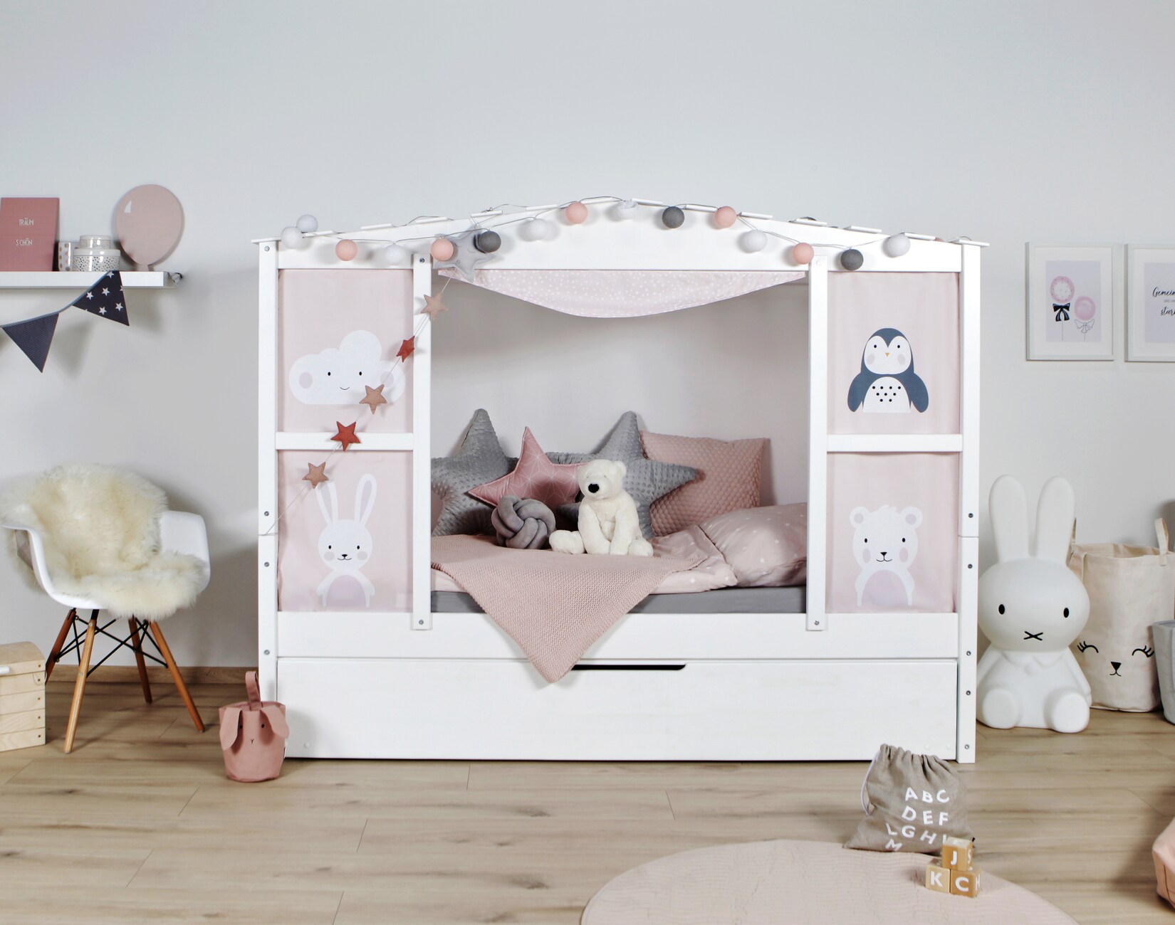 TiCAA Hausbett mit Bettkasten "Amelie" Kiefer Weiß