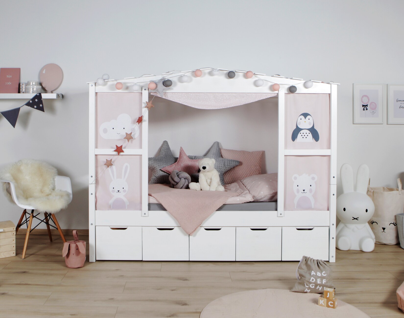 TiCAA Hausbett mit Bettkasten "Amelie" Kiefer Weiß