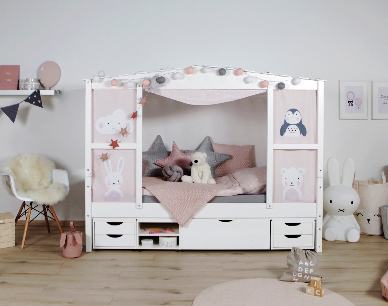 TiCAA Hausbett mit Bettkasten "Amelie" Kiefer Weiß