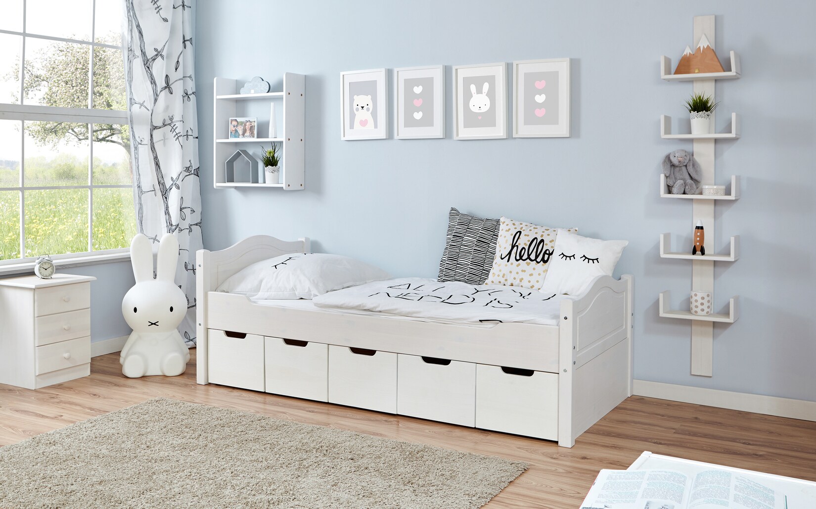 TiCAA Einzelbett "Leni" 100x200 Kiefer Weiß