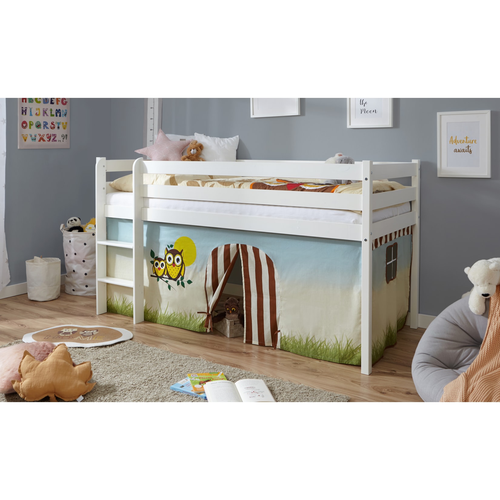 TiCAA Hochbett Kiefer Wei&szlig; Vorhang "Eule" - Bild 1