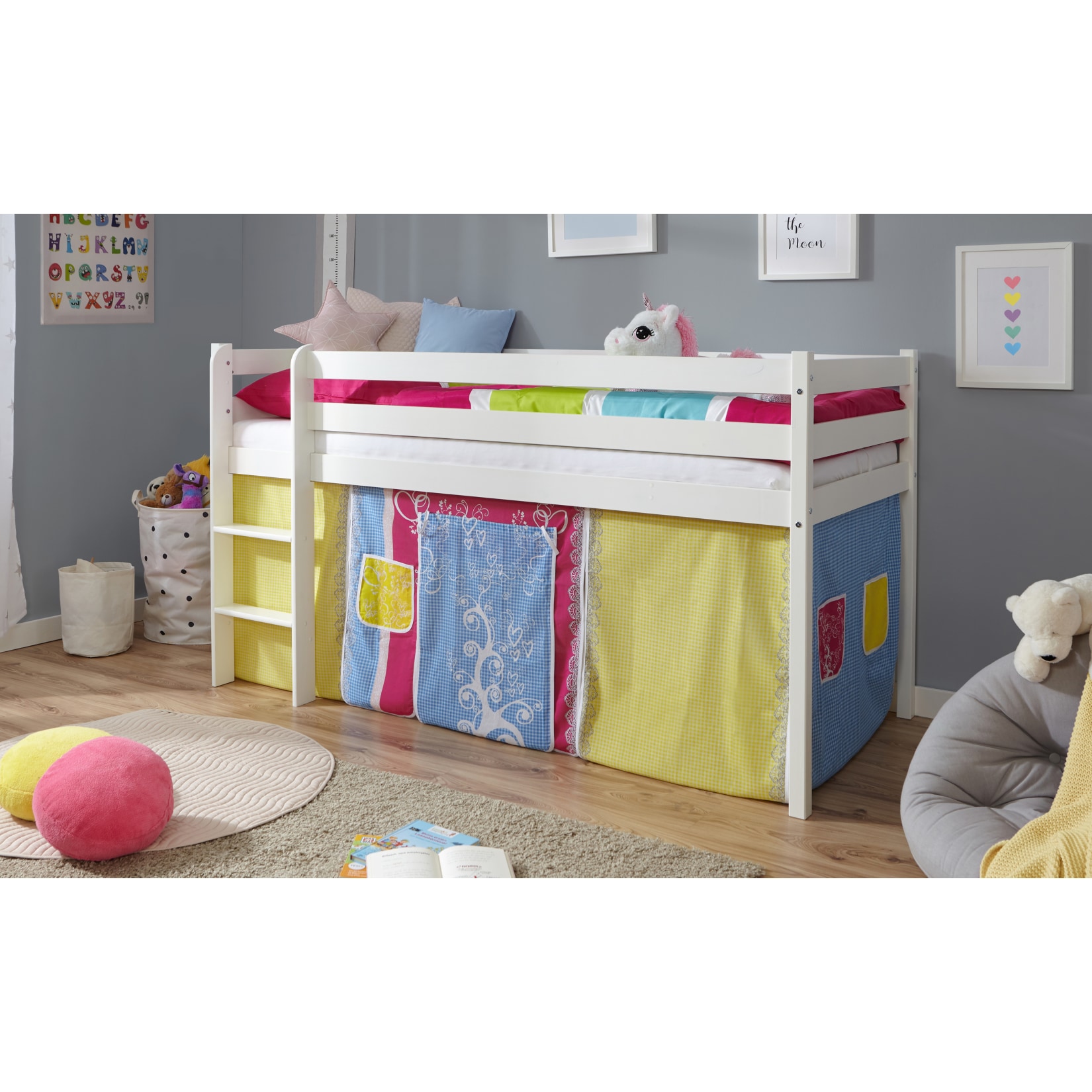 TiCAA Hochbett Kiefer Wei&szlig; Vorhang "Bunt" - Bild 1