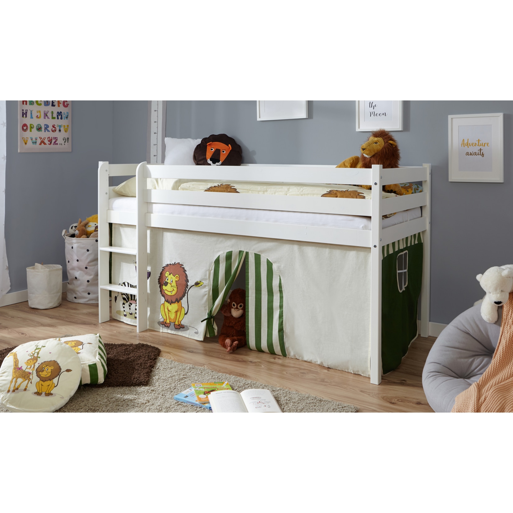 TiCAA Hochbett Kiefer Wei&szlig; Vorhang "Safari" - Bild 1