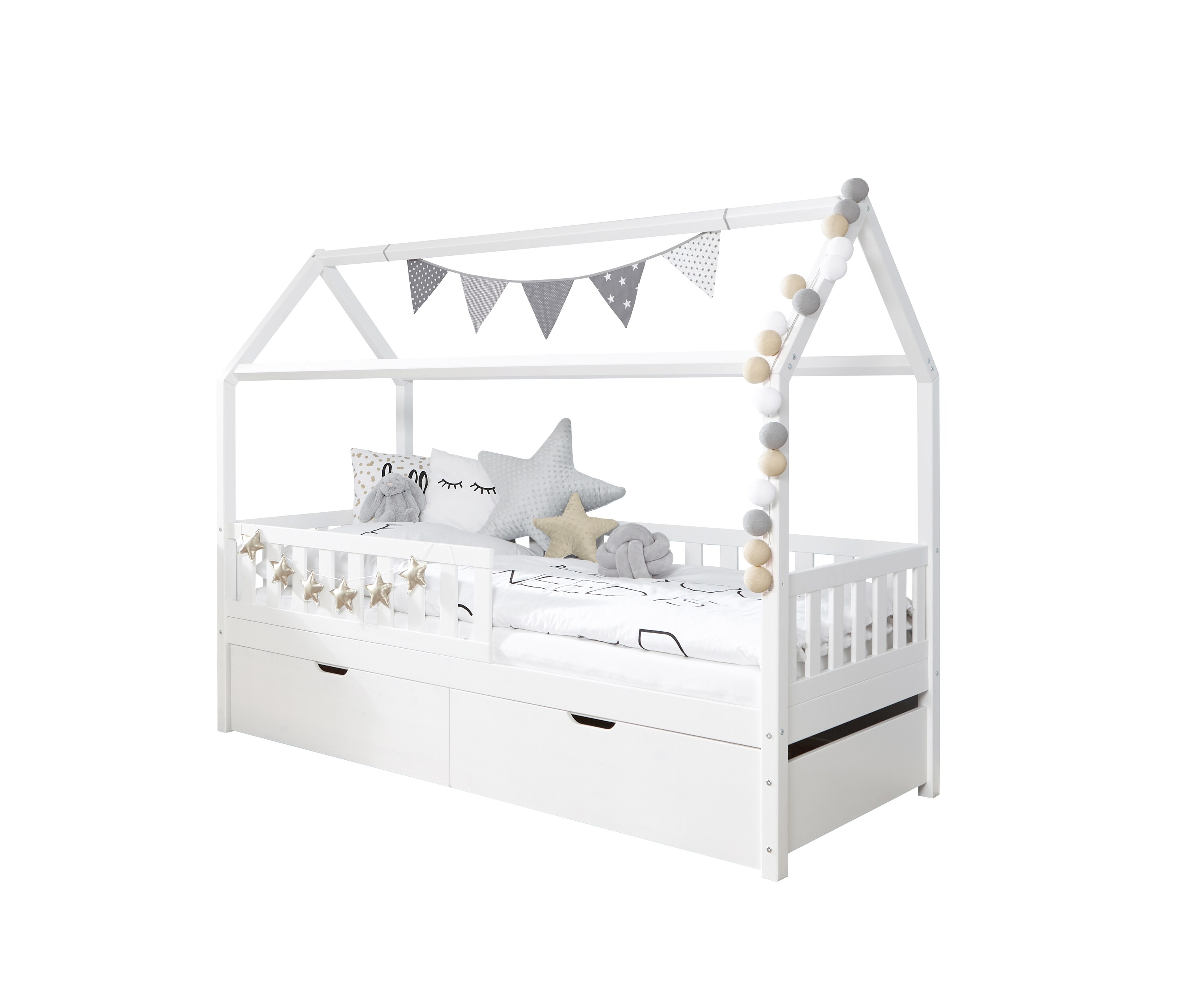 TiCAA Hausbett "Traumhaus" mit 2er Schubk&auml;sten Kiefer Wei&szlig; - Bild 1