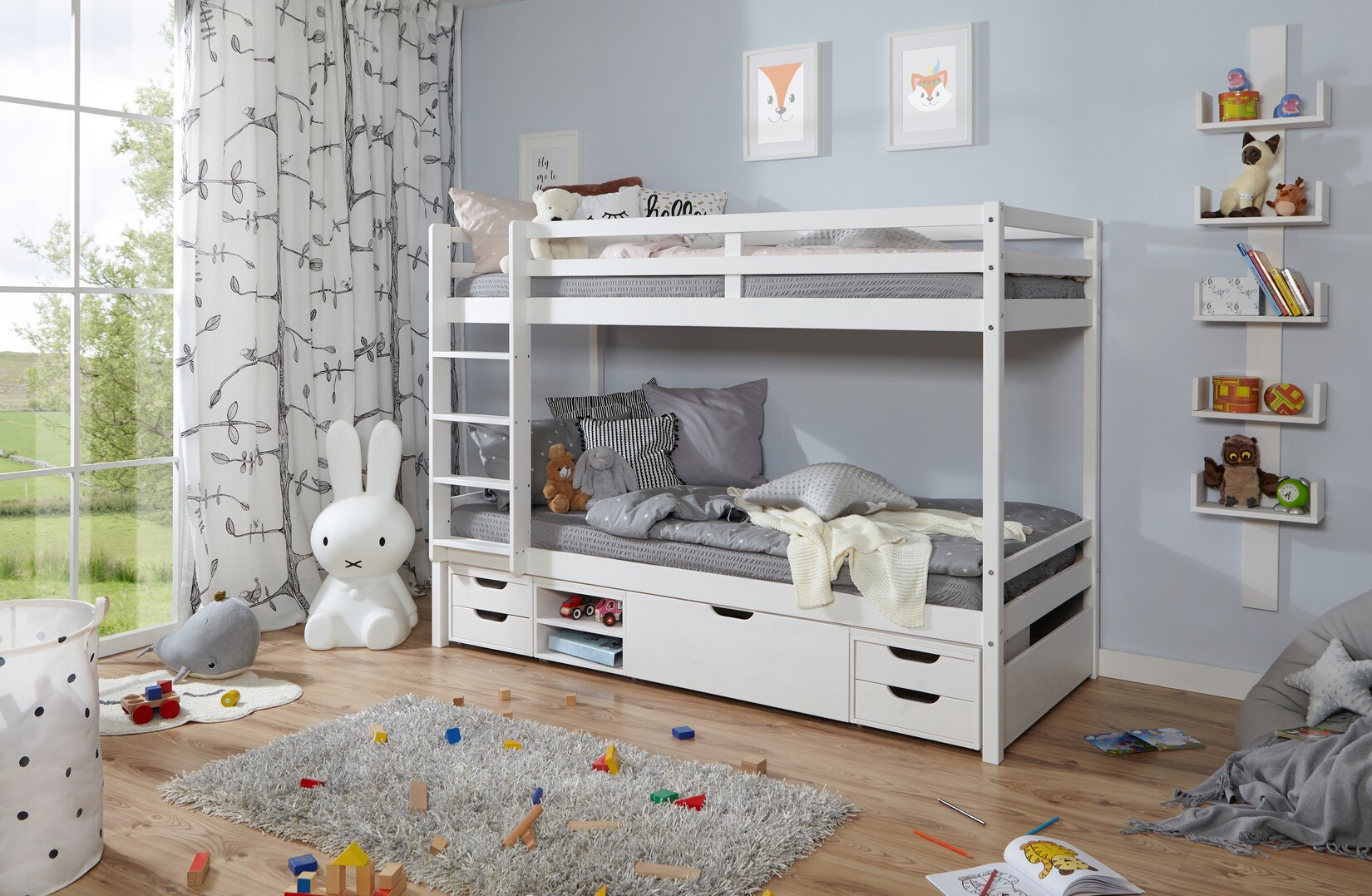 TiCAA Etagenbett Finn Weiß mit 4er Funktionsschubkasten | 04251105957218