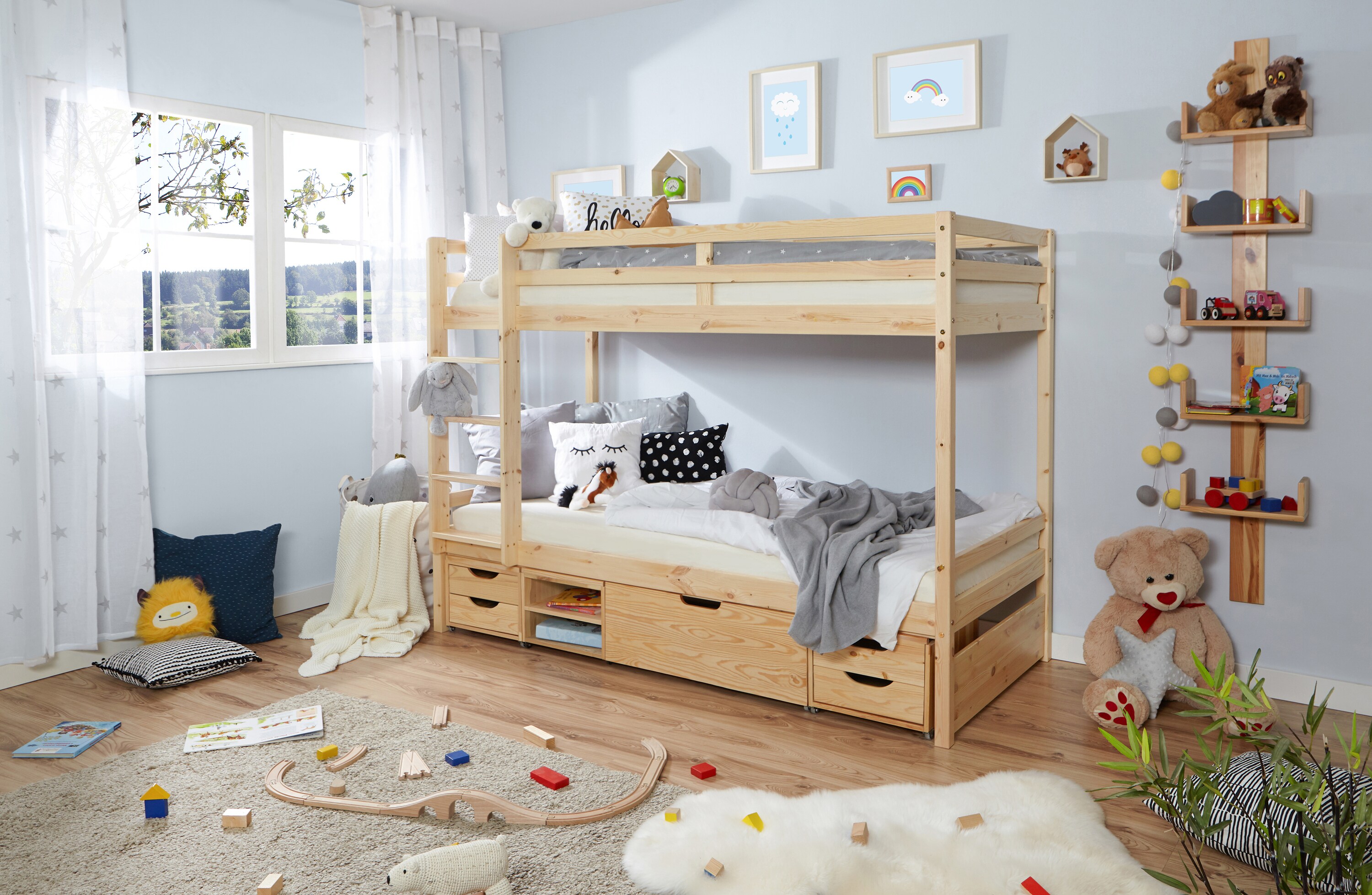 TiCAA Etagenbett Finn Natur mit 4er Funktionsschubkasten - Bild 1