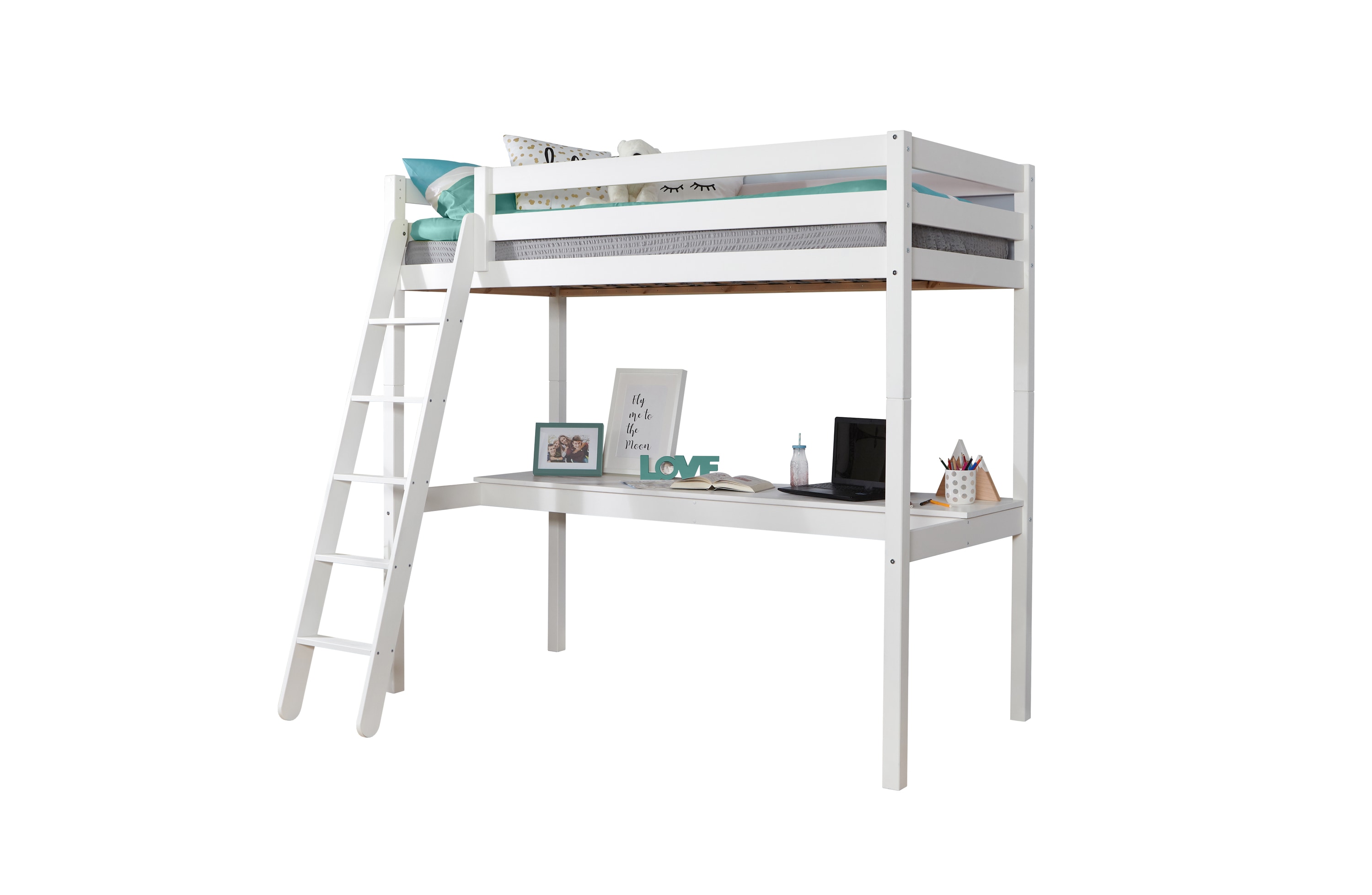 TiCAA Hochbett &bdquo;Felix&ldquo; mit Schreibtisch Kiefer massiv Wei&szlig; - Bild 1