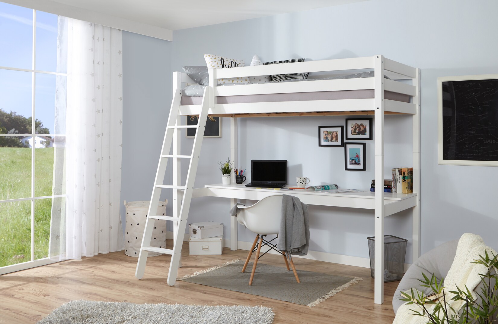 TiCAA Hochbett „Felix“ mit Schreibtisch Kiefer massiv Weiß | 04251105957782