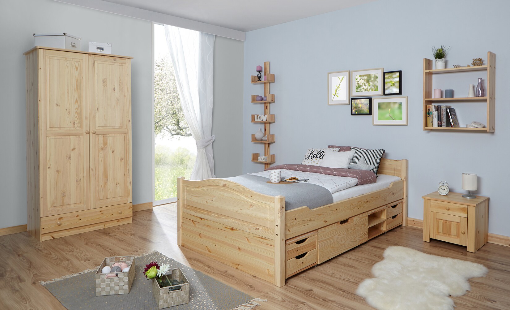 TiCAA Doppelbett "Leni" 140x200 mit 4er Funktionsschubkasten