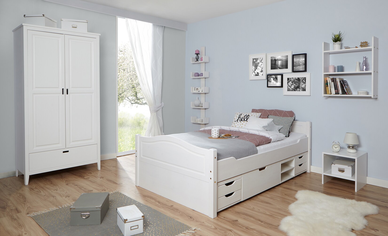 TiCAA Doppelbett „Leni“ 140×200 mit 4er Funktionsschubkasten | 04251105959243