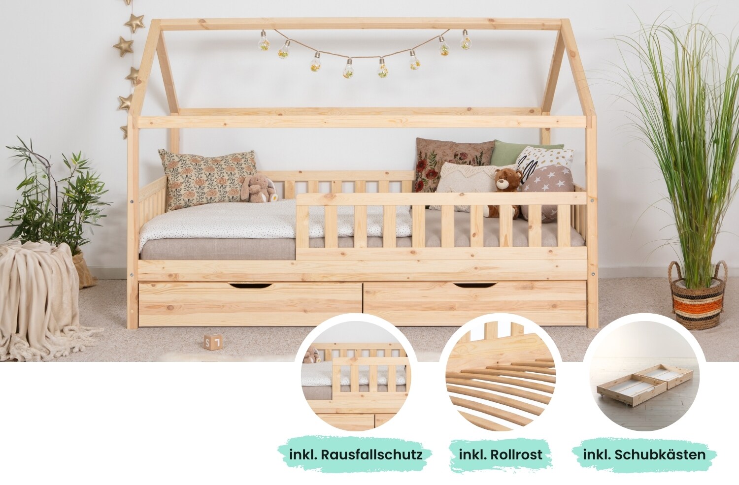 TiCAA Kinderbett Hausbett „Kay“ 120×200 inkl. Schubkästen Kiefer natur | 04251105959281