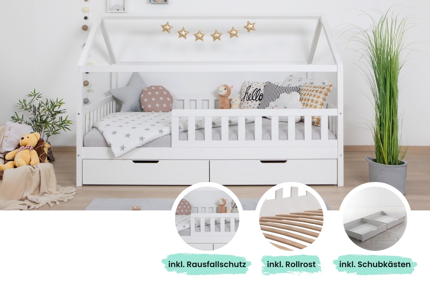 TiCAA Kinderbett Hausbett „Kay“ 90×200 inkl. Schubkästen Kiefer weiß | 04251105959328