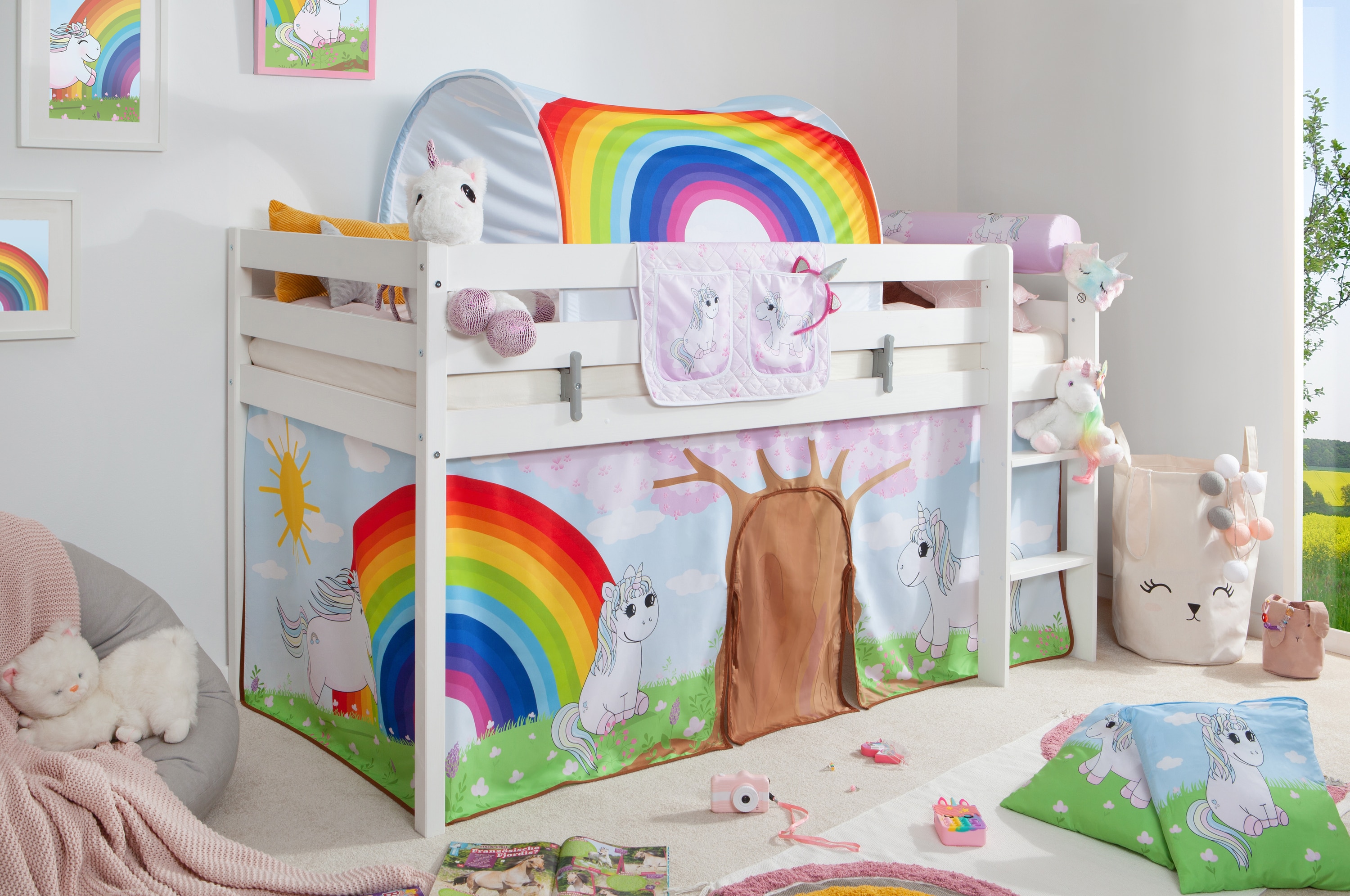 TiCAA Hochbett "Einhorn Rainbow" inkl. Zubeh&ouml;r Kiefer wei&szlig; - Bild 1
