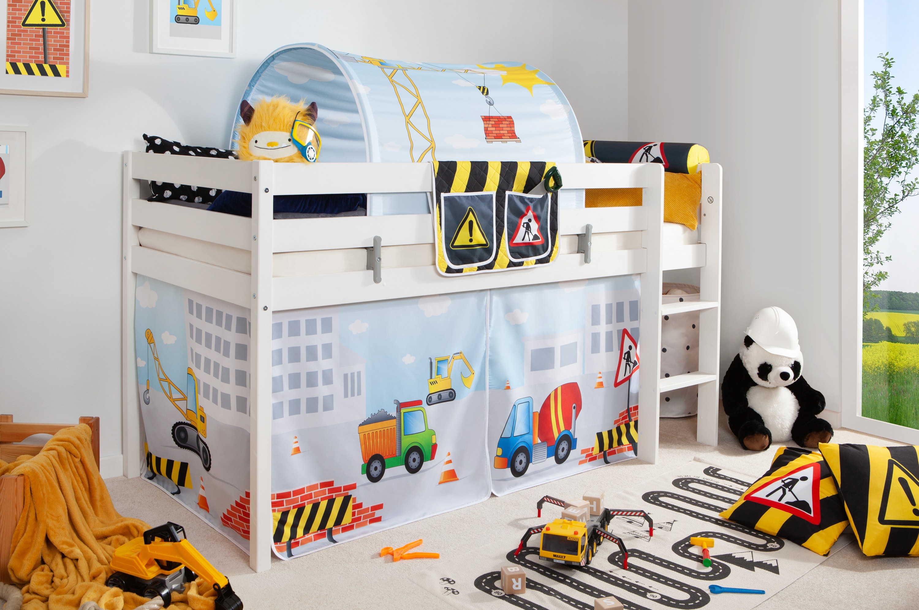 TiCAA Hochbett "Oskars Baustelle" inkl. Zubeh&ouml;r Kiefer wei&szlig; - Bild 1