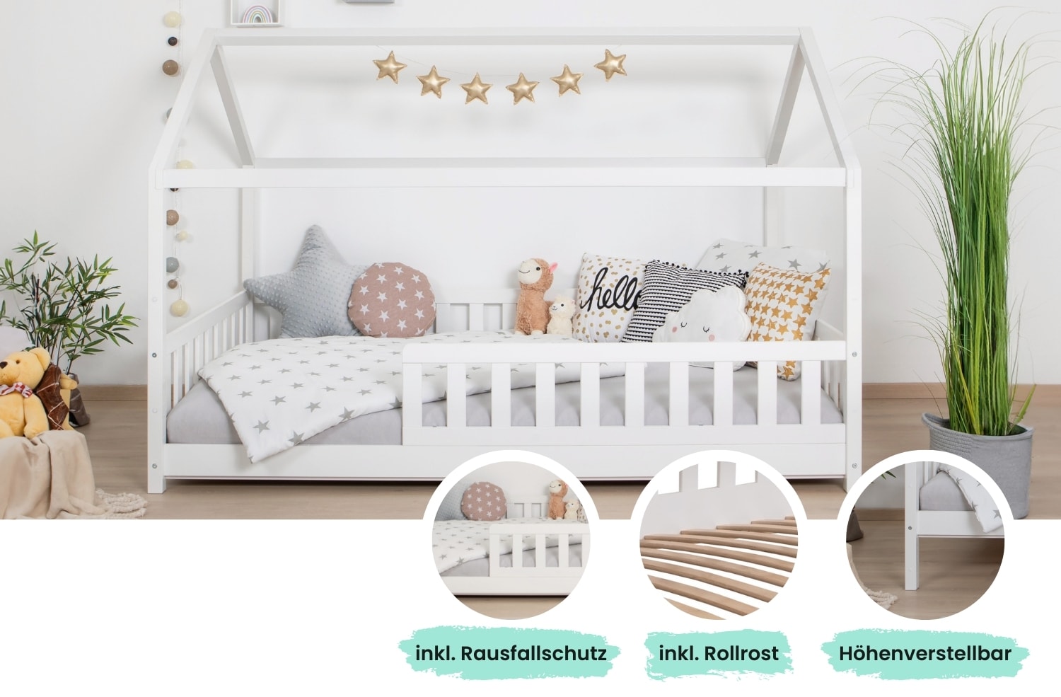 TiCAA Kinderbett Hausbett "Kay" 140x200 Kiefer wei&szlig; - Bild 1