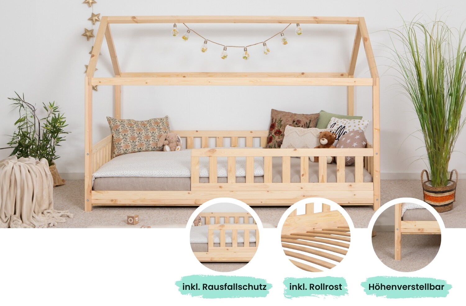TiCAA Kinderbett Hausbett "Kay" 90x200 Kiefer natur