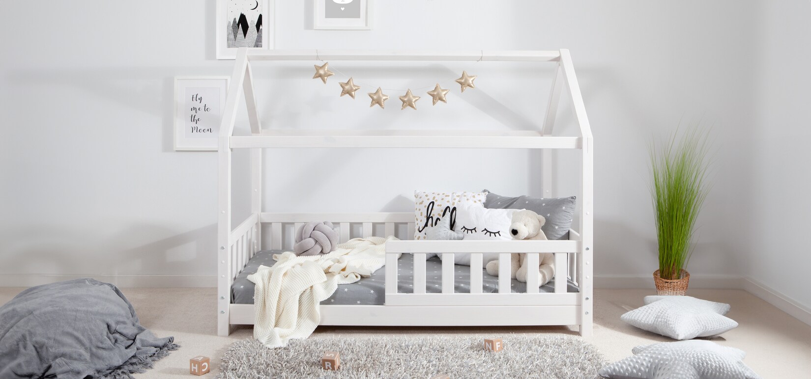 TiCAA Kinderbett Hausbett „Kay“ 80×160 Kiefer weiß | 04251105963233