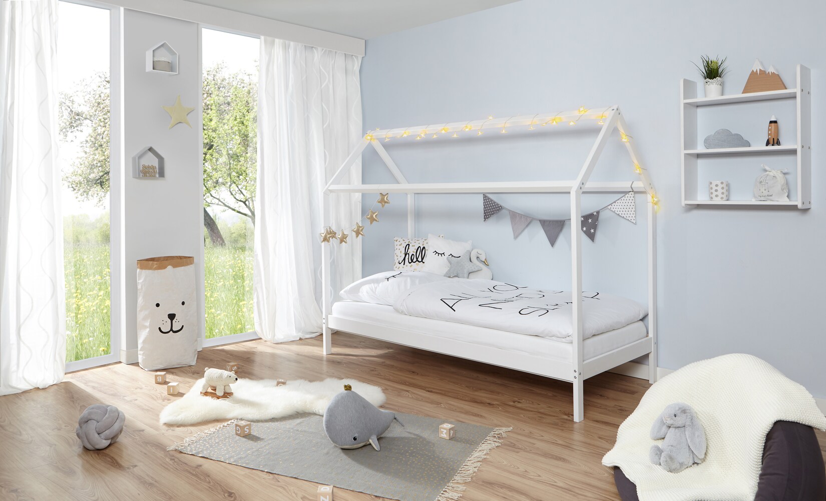 TiCAA Kinderbett Hausbett „Lina“ 90×200 cm Kiefer weiß | 04251105963257