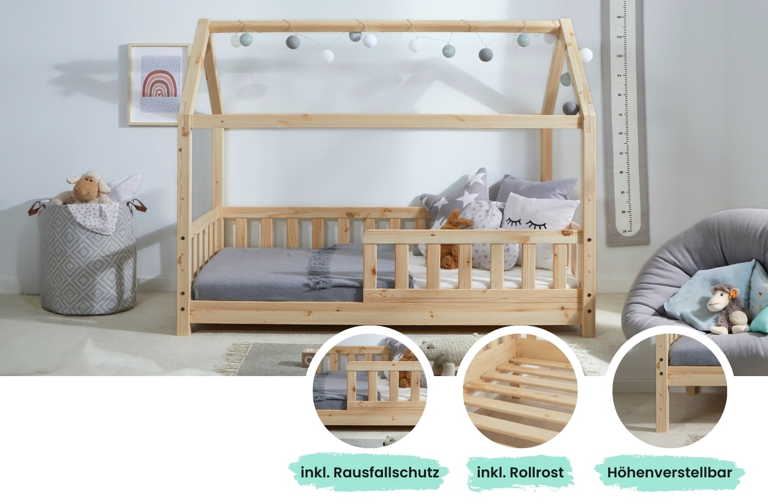 TiCAA Kinderbett Hausbett "Kay" 80x160 Kiefer natur - Bild 1