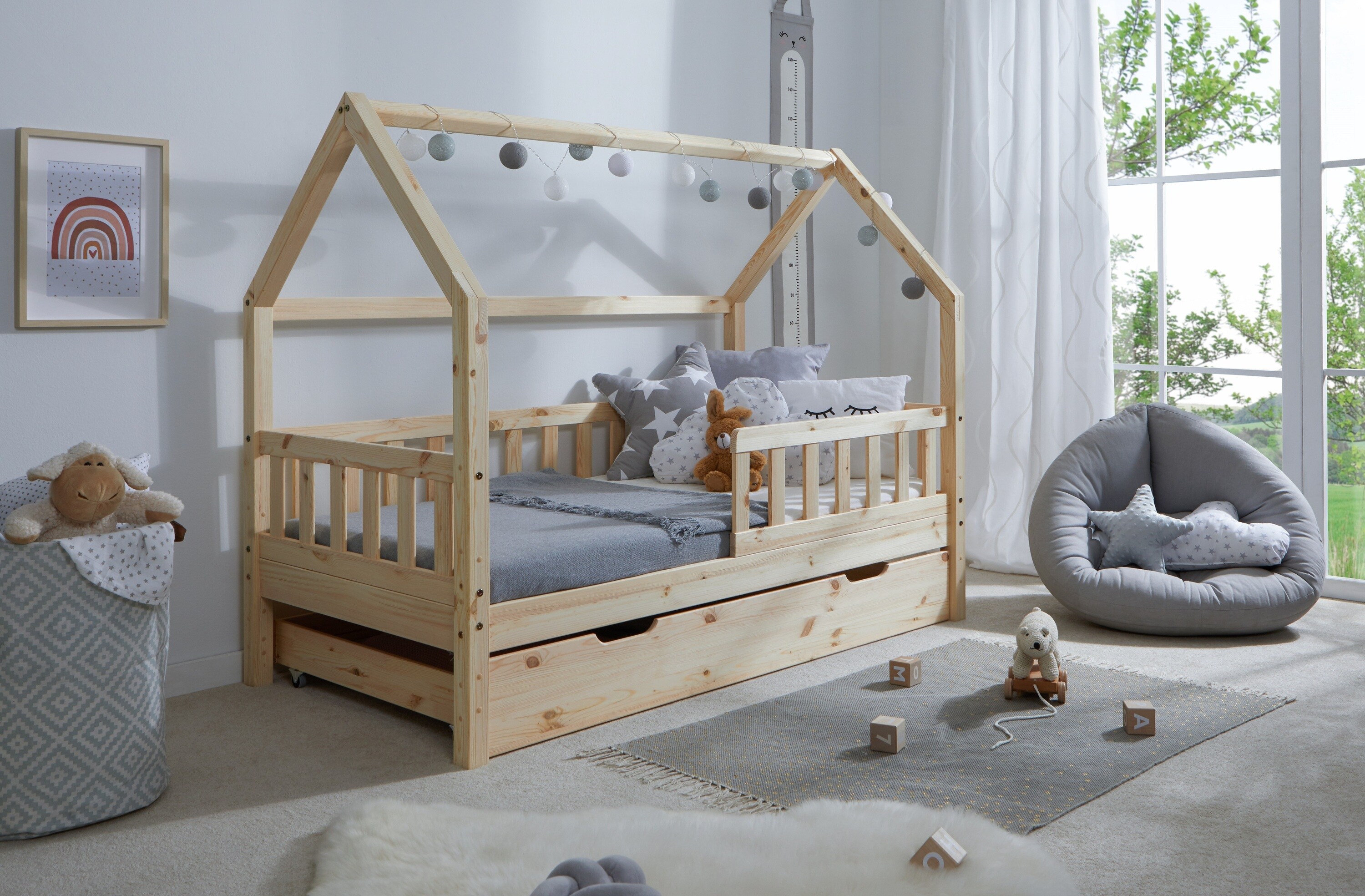 TiCAA Kinderbett Hausbett "Kay" 80x160 inkl. Schubk&auml;sten Kiefer natur - Bild 1