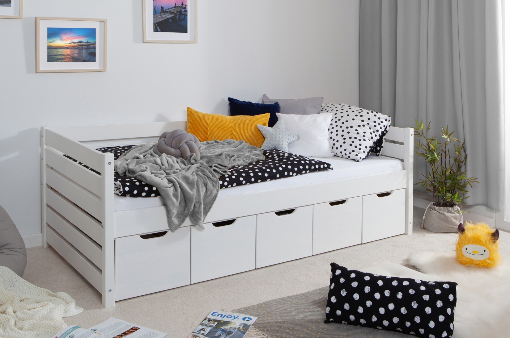 TiCAA Sofabett Naomi inkl. 5x Schubkästen, 120x200, Weiß
