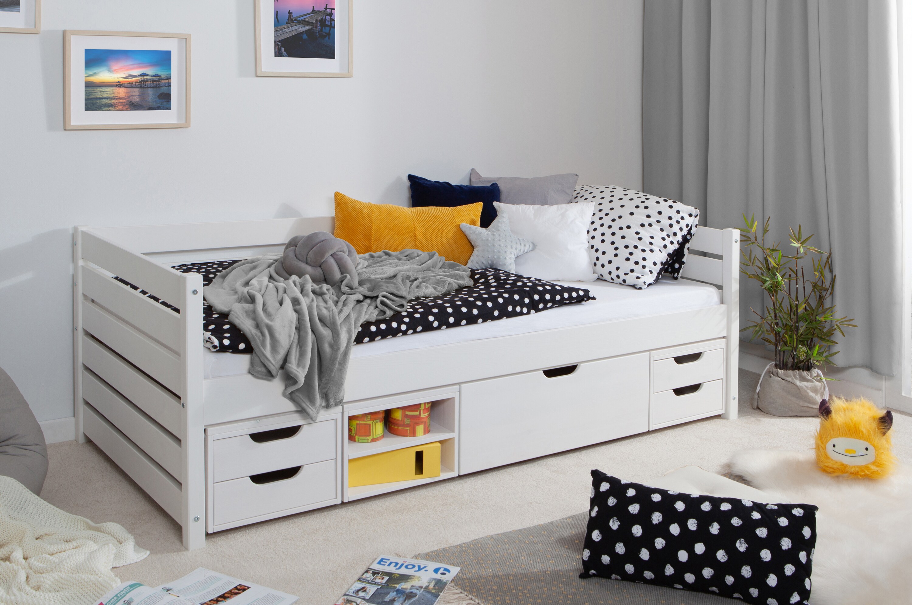 TiCAA Sofabett Naomi inkl. Funktionsschubk&auml;sten, 120x200, Wei&szlig; - Bild 1