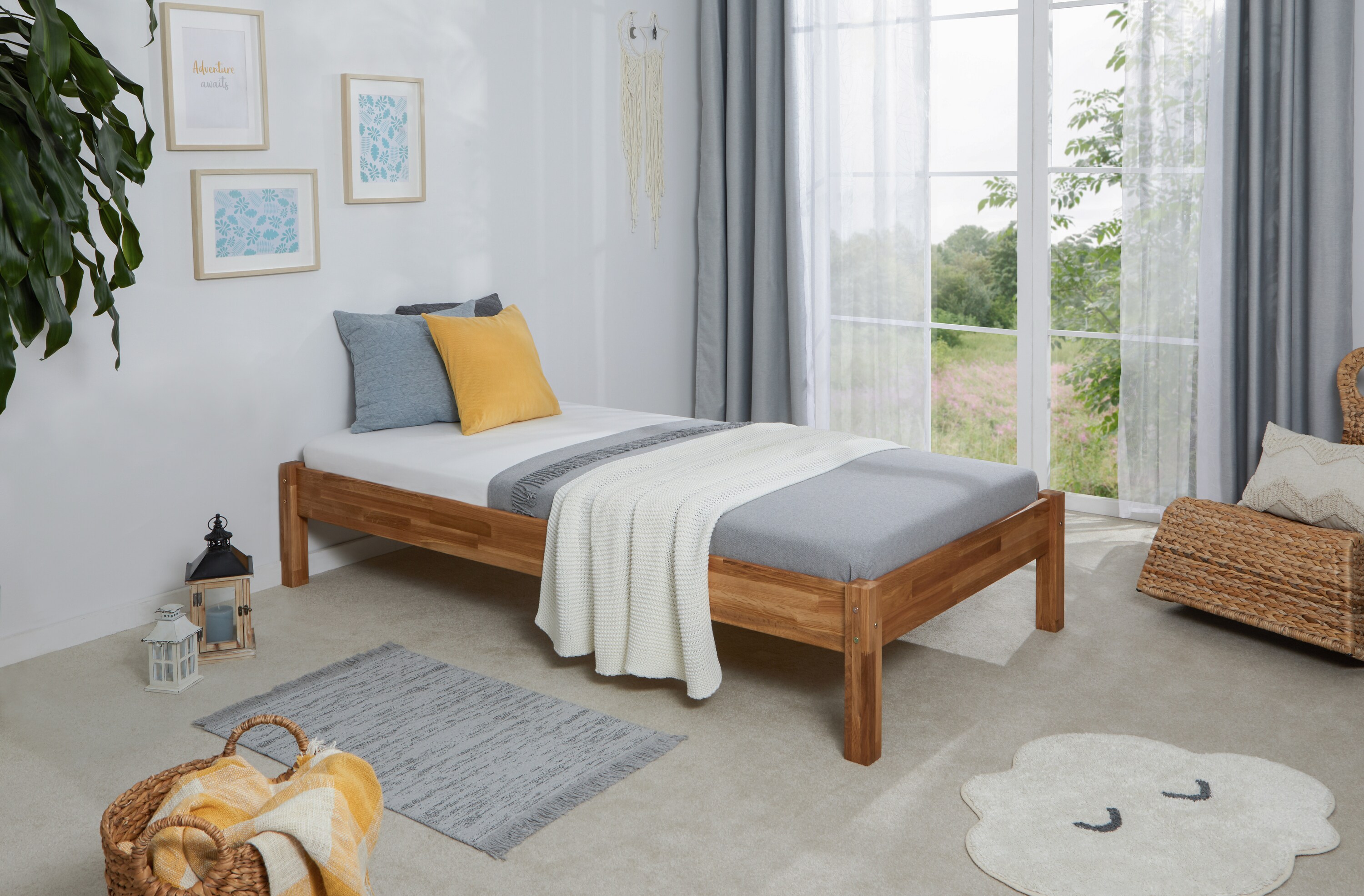 TiCAA Einzel- und Doppelbett "Dora" Eiche massiv ge&ouml;lt - Bild 1