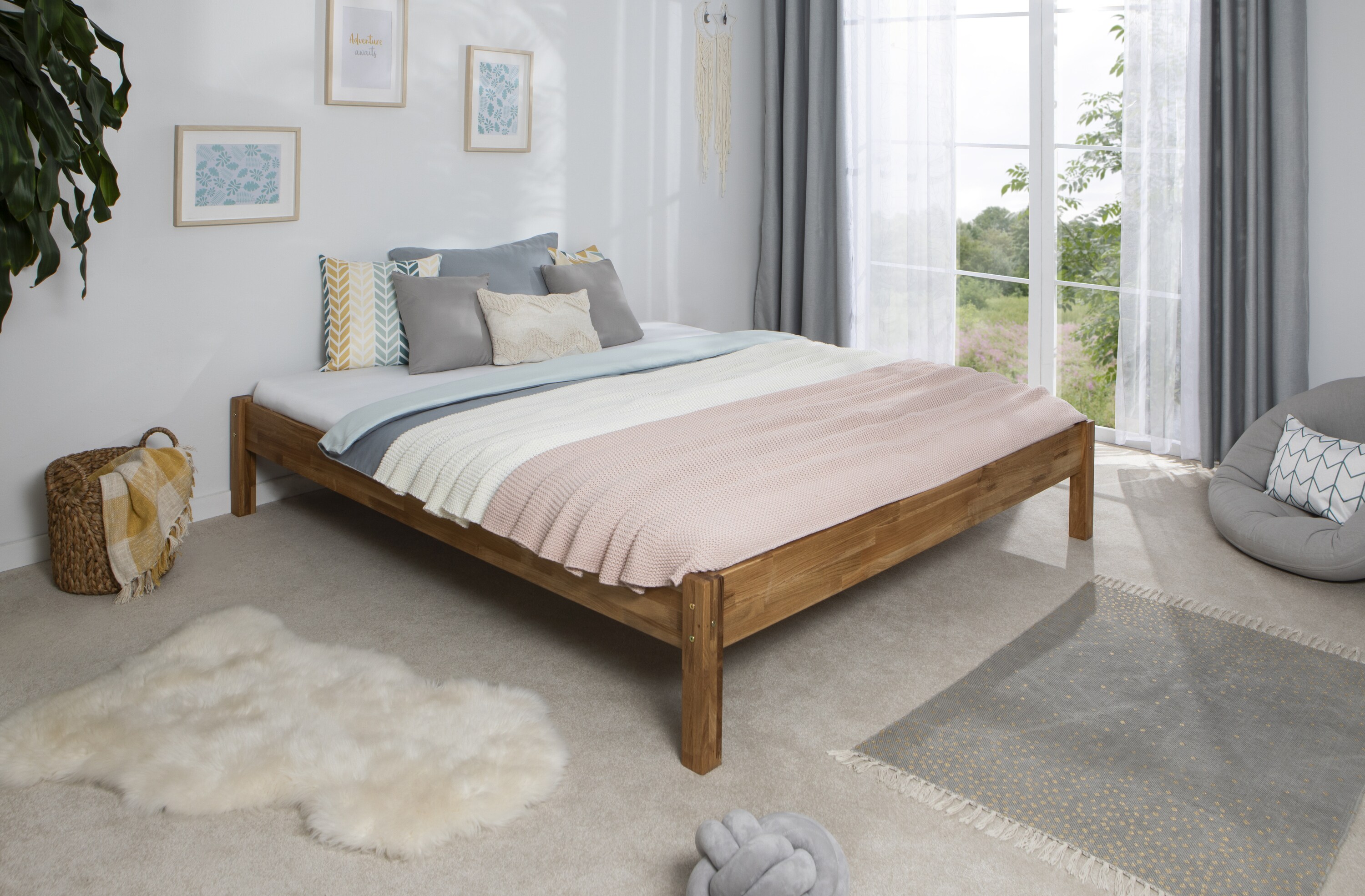 TiCAA Einzel- und Doppelbett "Dora" Eiche massiv ge&ouml;lt - Bild 1