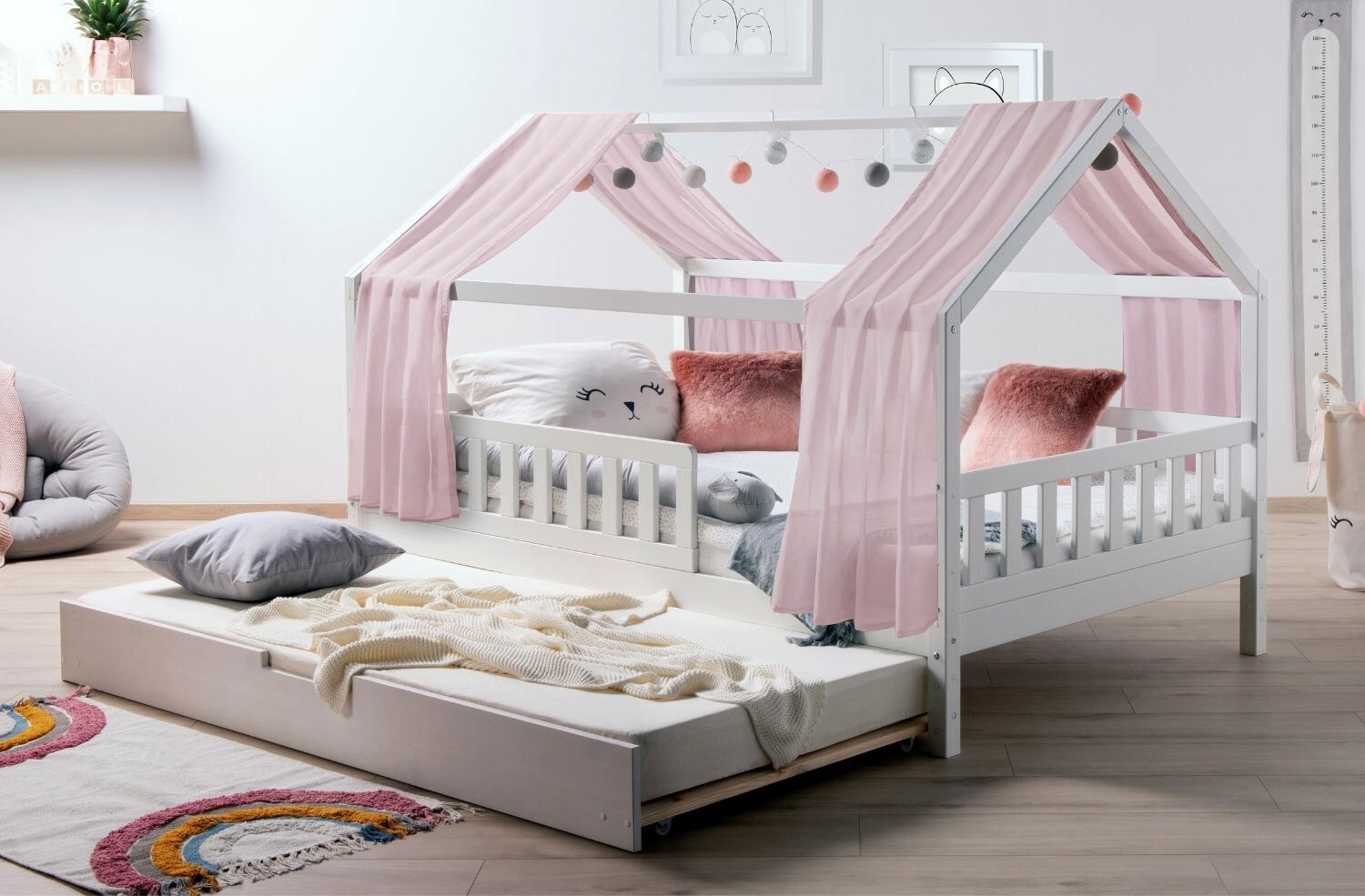 TiCAA TiCAA Kinderbett Hausbett mit Tüll Kim 90x200 cm, 100x200 cm, 120x200 cm, 140x200 für Jungen & Mädchen, inkl. Rolllattenrost, …