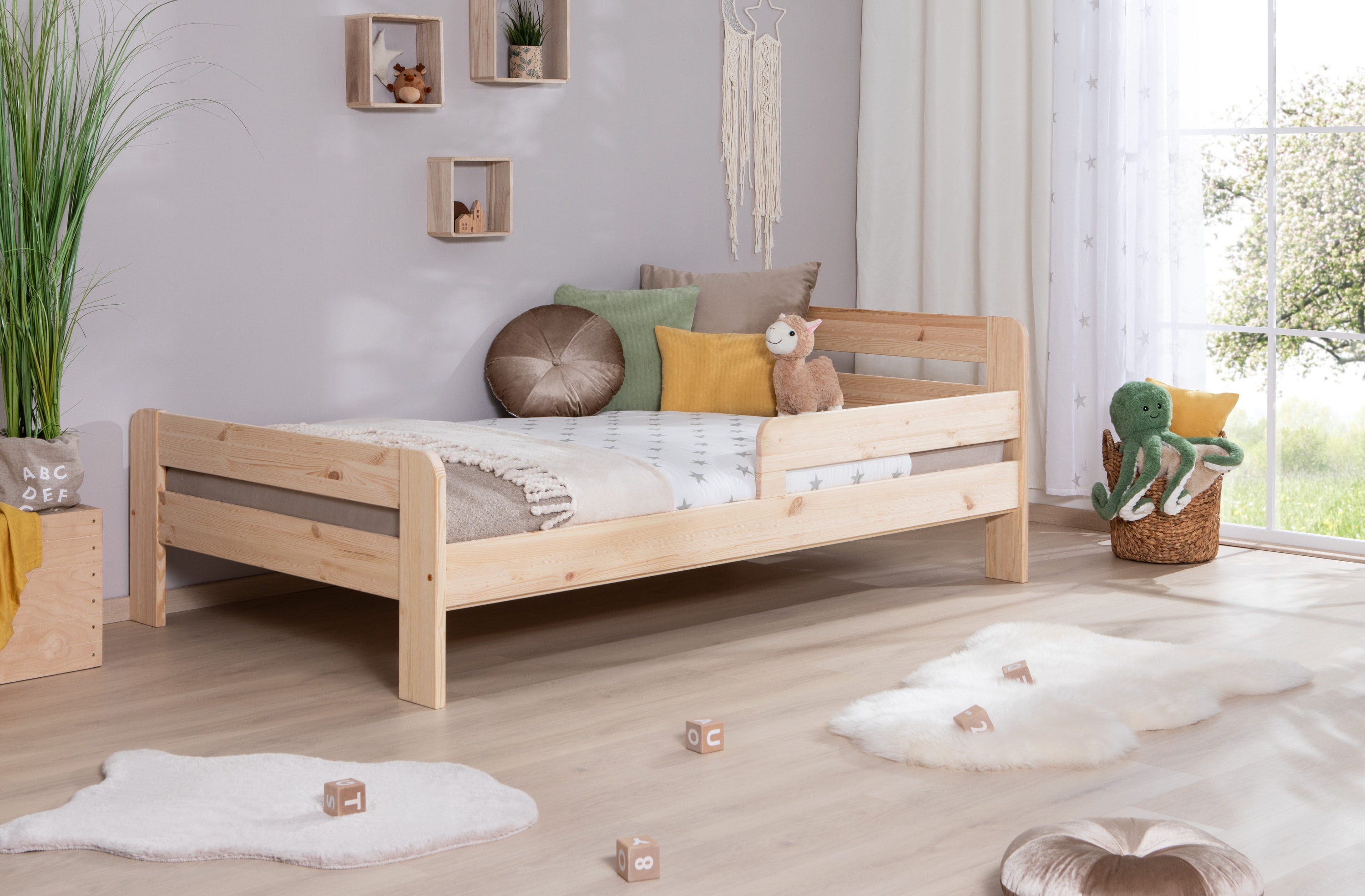 TiCAA Einzelbett Kinderbett Jugendbett, Bennet mit Rausfallschutz & Lattenrost f&uuml;r Schlafzimmer, Kinderzimmer Kiefer Massivholz Bettgestell 90/100/120 x 200 cm - Bild 1