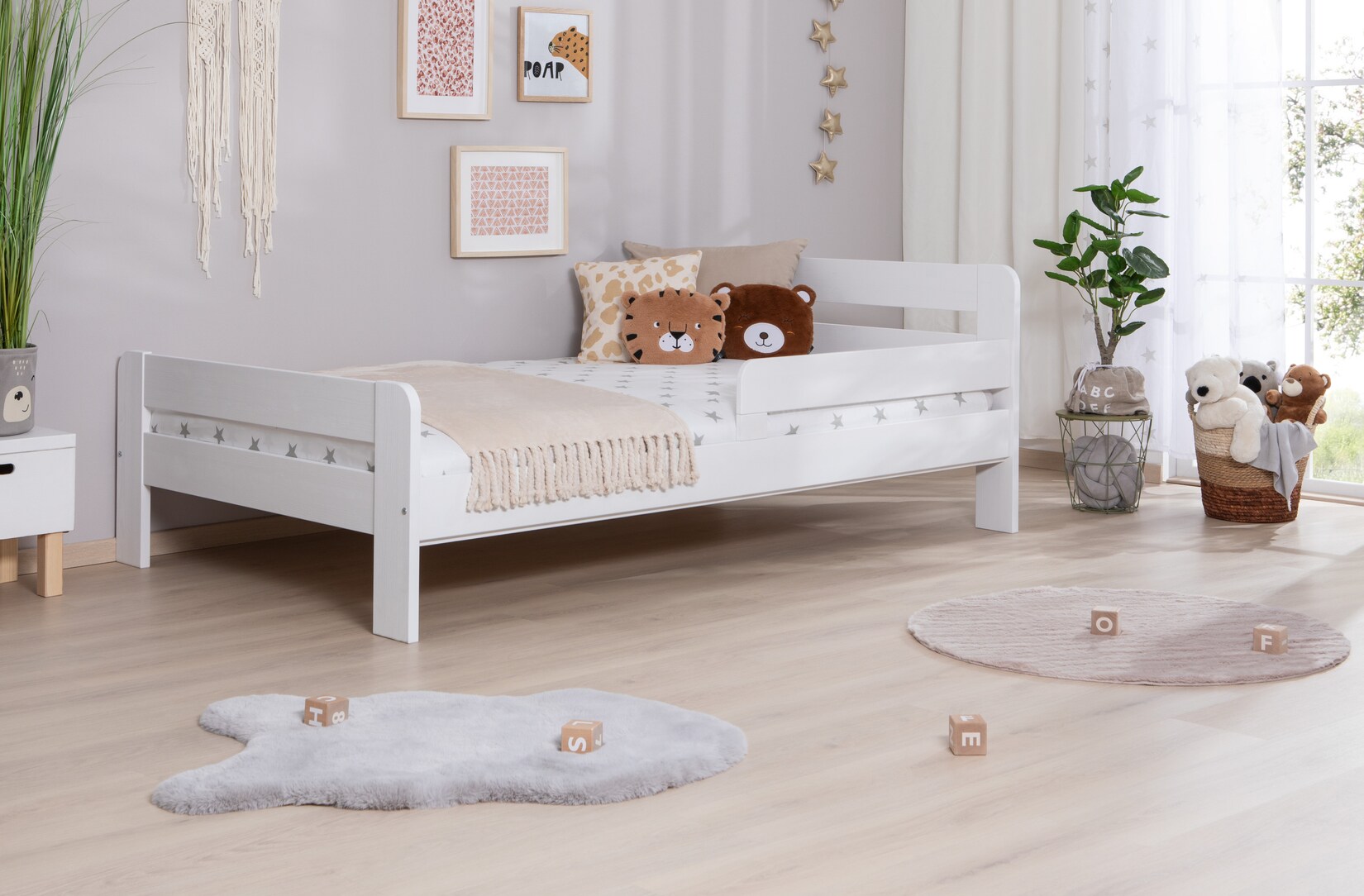 TiCAA Einzelbett Kinderbett Jugendbett, Bennet mit Rausfallschutz & Lattenrost für Schlafzimmer, Kinderzimmer Kiefer Massivholz Bettgestell 90/100/120 x 200 cm