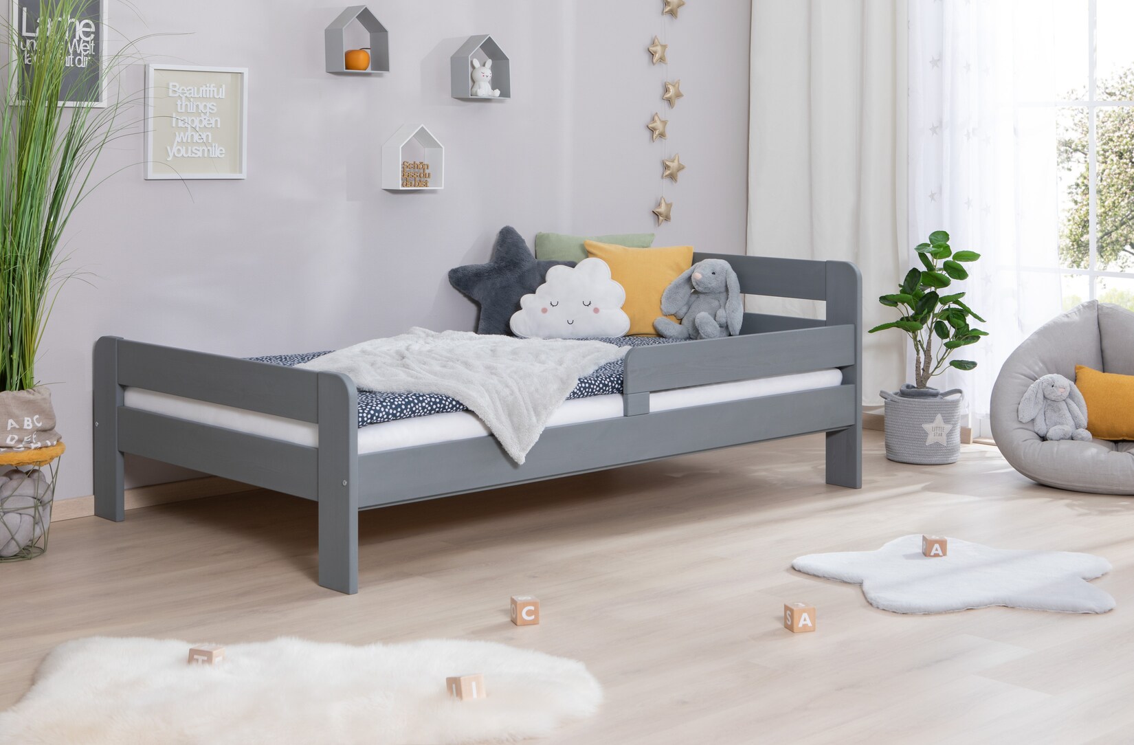 TiCAA Einzelbett Kinderbett Jugendbett, Bennet mit Rausfallschutz & Lattenrost für Schlafzimmer, Kinderzimmer Kiefer Massivholz Bettgestell …