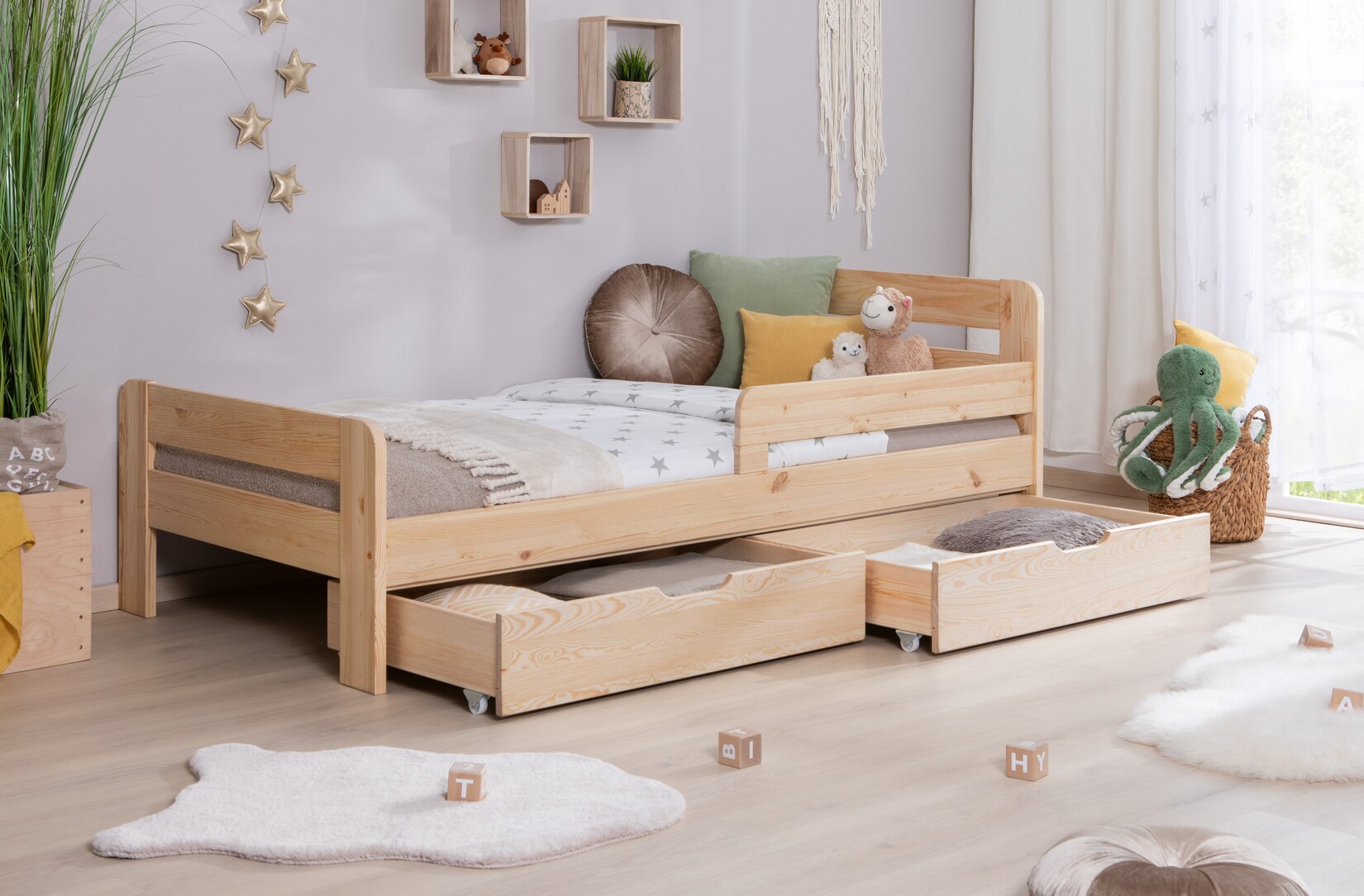 TiCAA Einzelbett Kinderbett Jugendbett, Bennet mit Schubkasten Rausfallschutz für Schlafzimmer, Kinderzimmer Kiefer Massivholz Bettgestell 90/100/120 x 200 cm