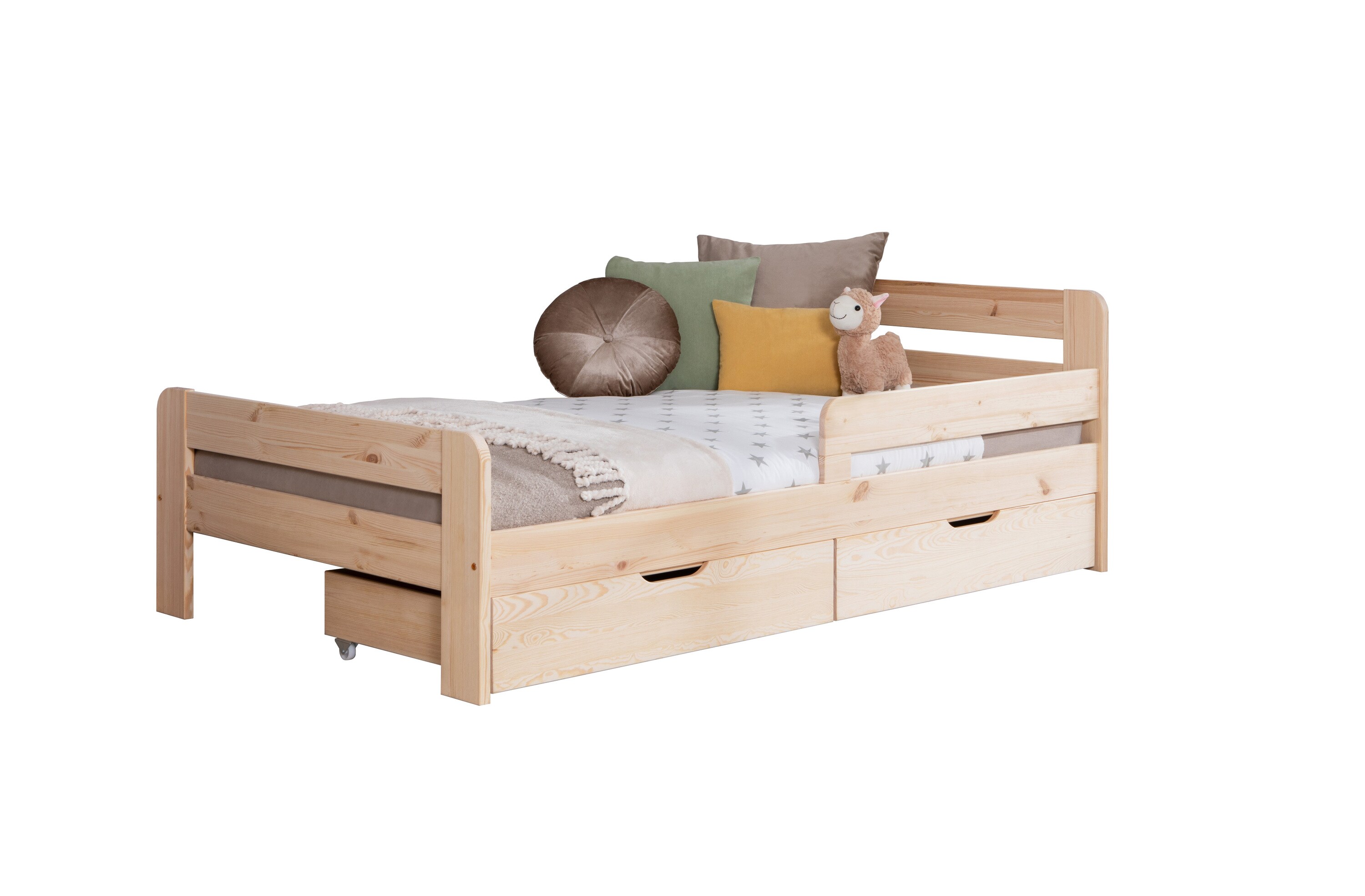 TiCAA Einzelbett Kinderbett Jugendbett, Bennet mit Schubkasten Rausfallschutz f&uuml;r Schlafzimmer, Kinderzimmer Kiefer Massivholz Bettgestell 90/100/120 x 200 cm - Bild 1