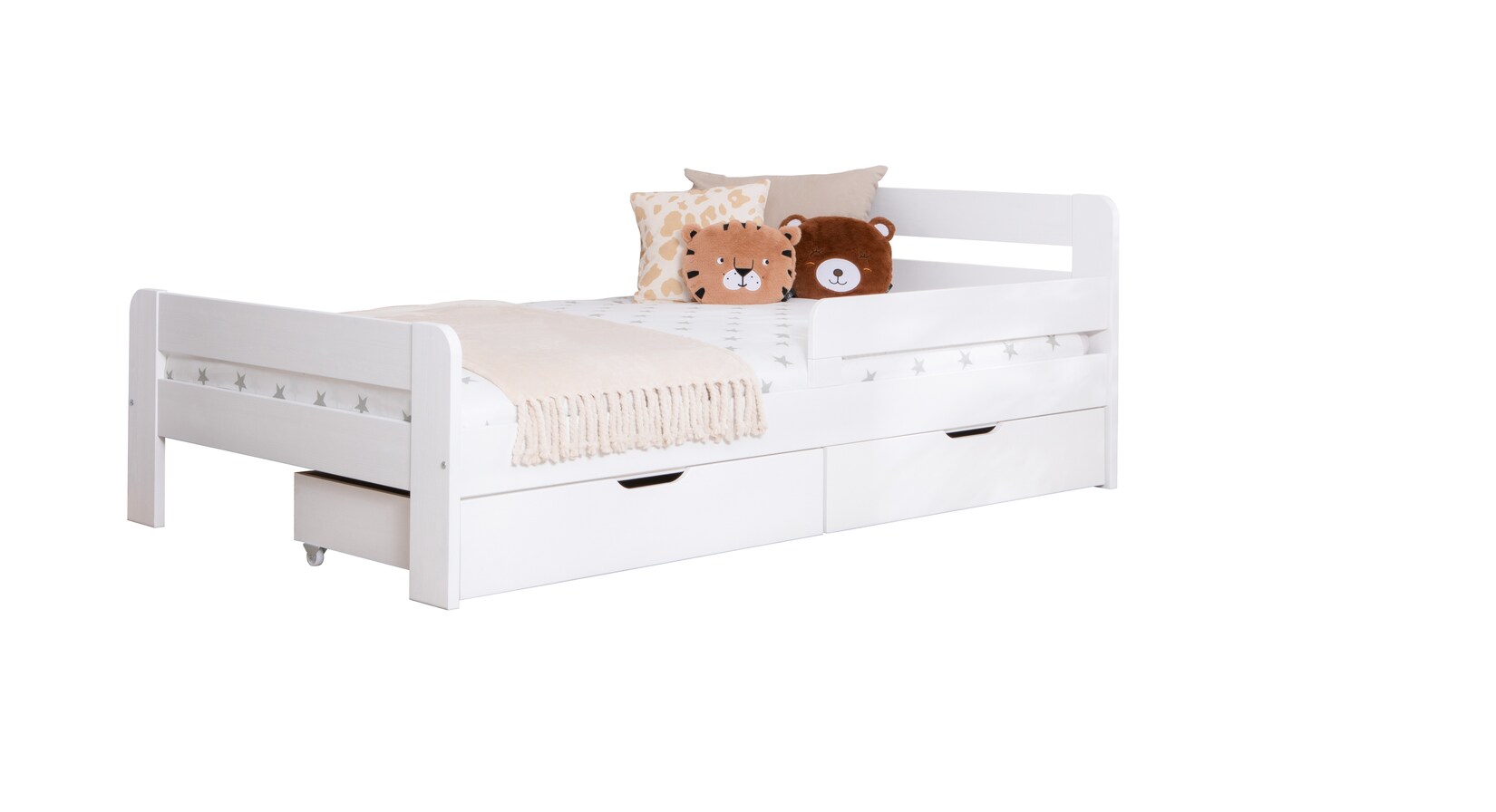 TiCAA Einzelbett Kinderbett Jugendbett, Bennet mit Schubkasten Rausfallschutz für Schlafzimmer, Kinderzimmer Kiefer Massivholz Bettgestell 90/100/120 x 200 cm
