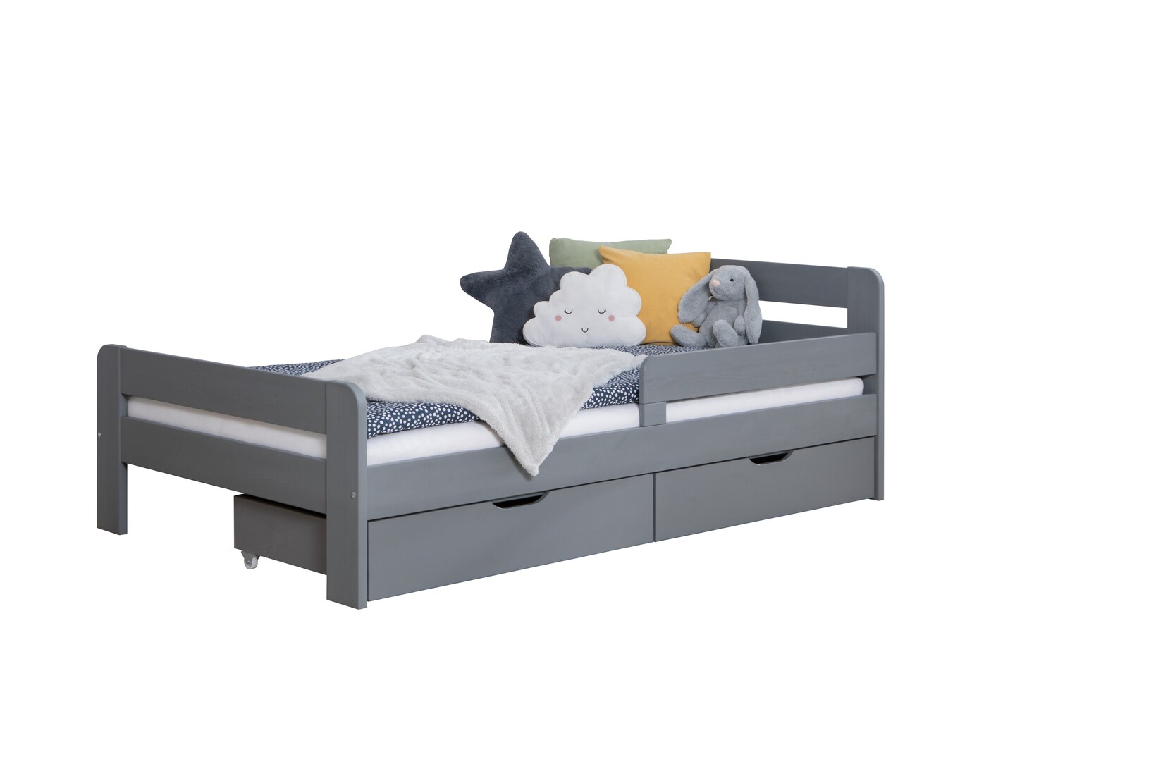 TiCAA Einzelbett Kinderbett Jugendbett, Bennet mit Schubkasten Rausfallschutz für Schlafzimmer, Kinderzimmer Kiefer Massivholz Bettgestell 90/100/120 x 200 cm