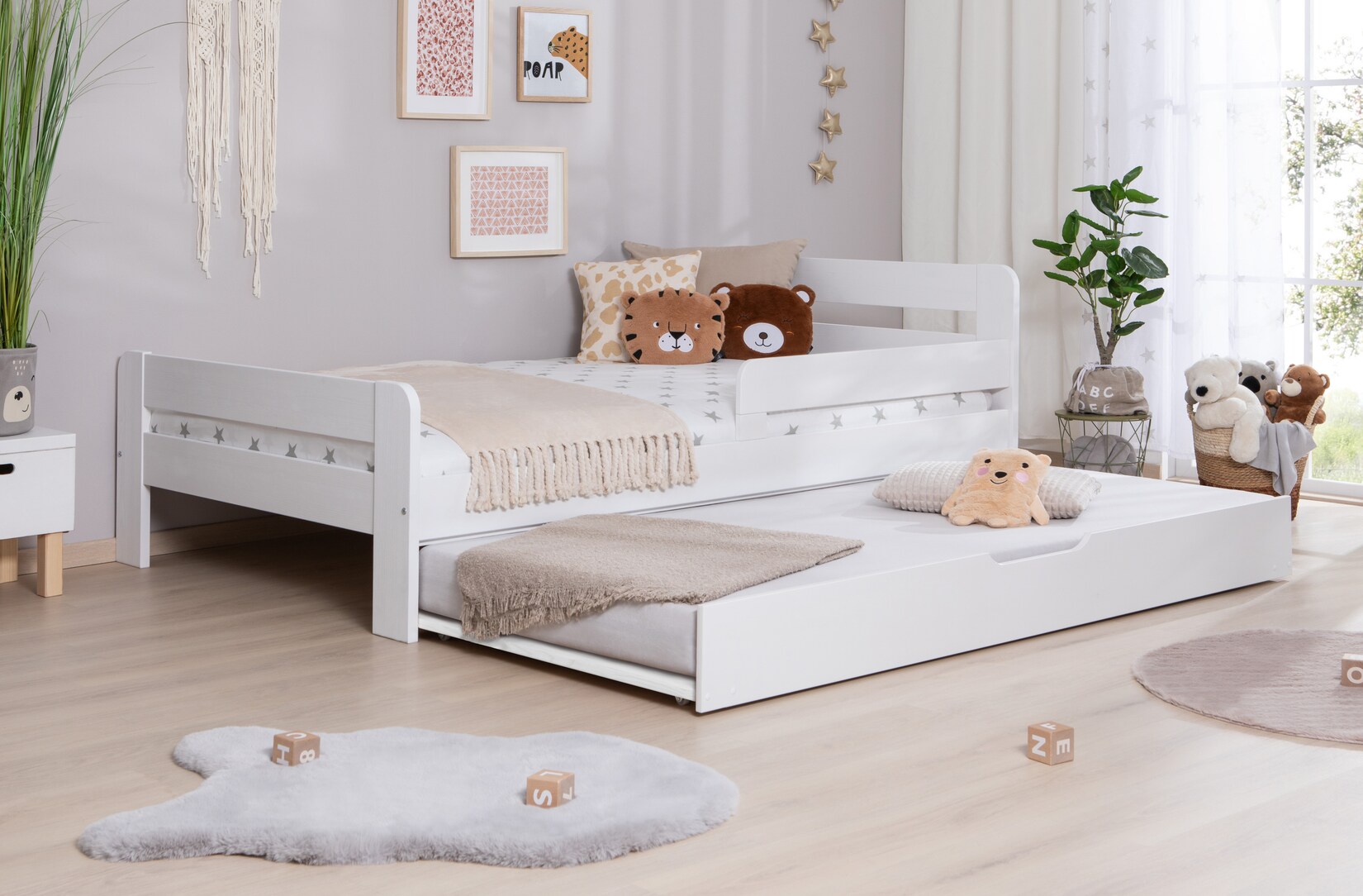 TiCAA Einzelbett Kinderbett Jugendbett, Bennet mit Zusatzbett Rausfallschutz & Lattenrost für Schlafzimmer, Kinderzimmer Kiefer Massivholz Bettgestell 90/100 /120 x 200 cm