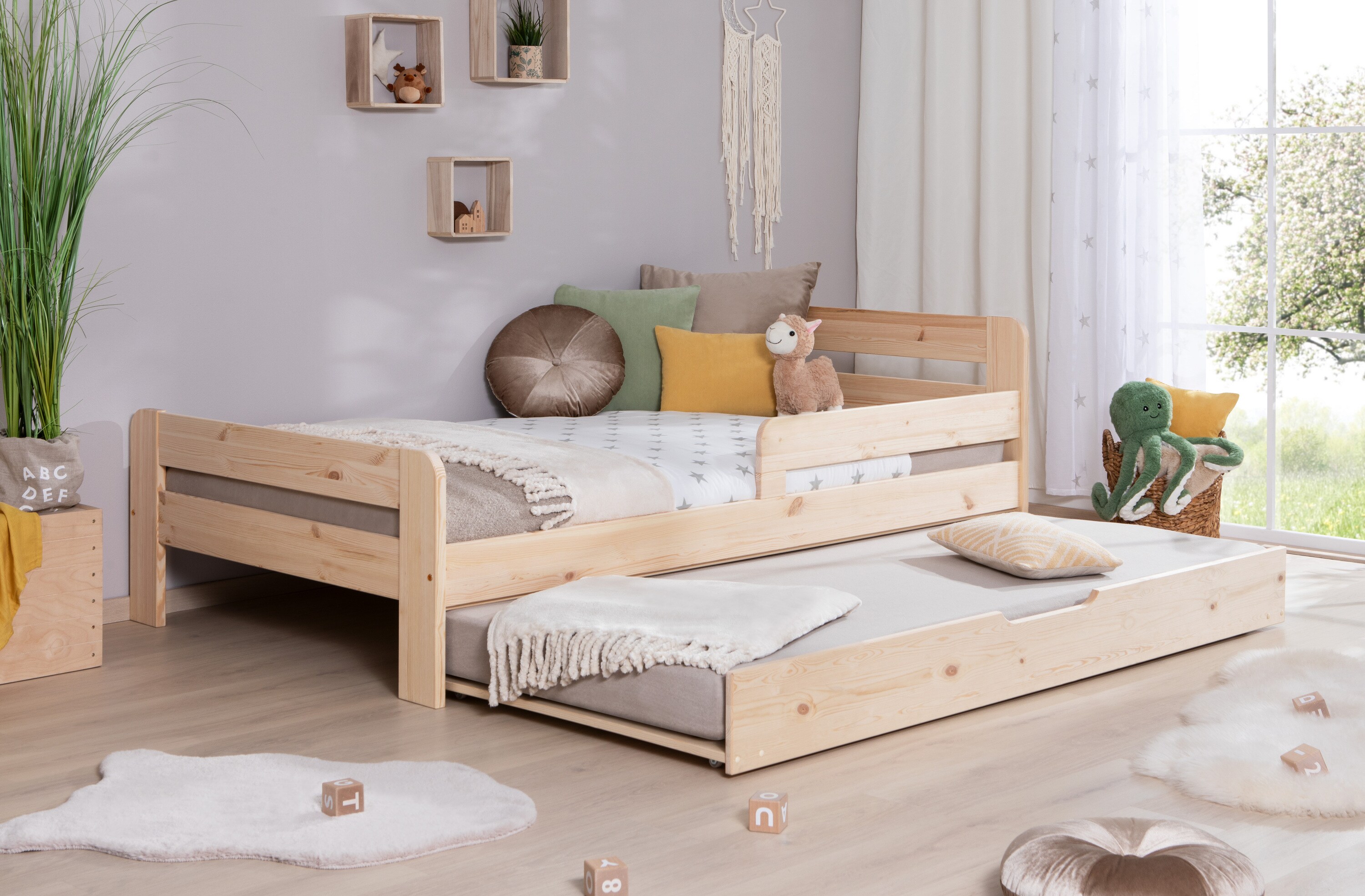 TiCAA Einzelbett Kinderbett Jugendbett, Bennet mit Zusatzbett Rausfallschutz & Lattenrost f&uuml;r Schlafzimmer, Kinderzimmer Kiefer Massivholz Bettgestell 90/100 /120 x 200 cm - Bild 1