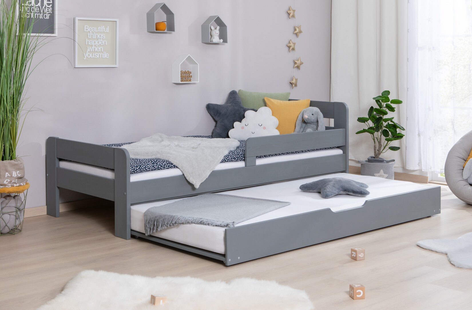 TiCAA Einzelbett Kinderbett Jugendbett, Bennet mit Zusatzbett Rausfallschutz & Lattenrost für Schlafzimmer, Kinderzimmer Kiefer Massivholz Bettgestell 90/100 /120 x 200 cm