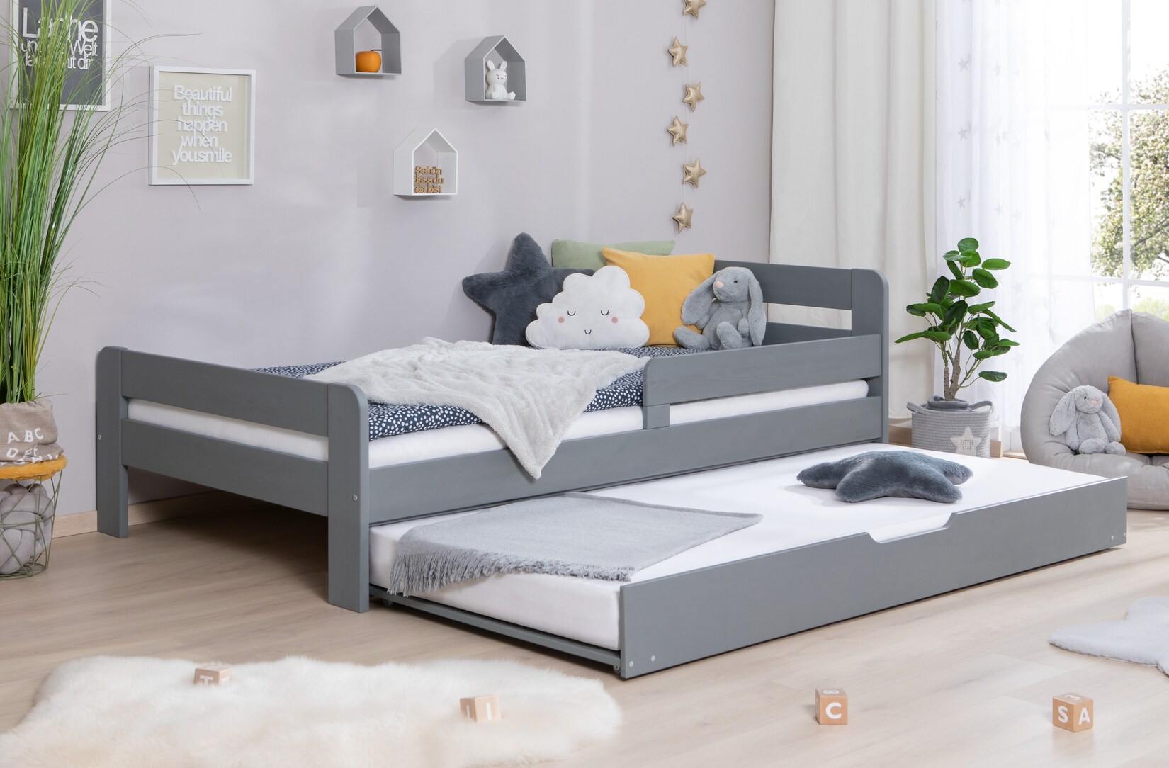 TiCAA Einzelbett Kinderbett Jugendbett, Bennet mit Zusatzbett Rausfallschutz & Lattenrost für Schlafzimmer, Kinderzimmer Kiefer Massivholz Bettgestell 90/100 /120 x 200 cm