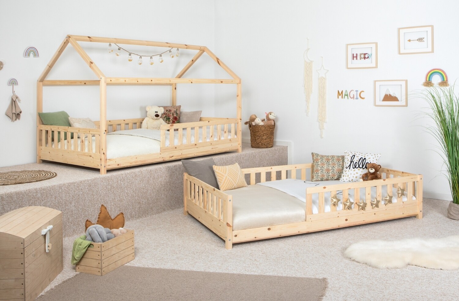 TiCAA 2 in 1 TiCAA Hausbett Bodenbett wandelbar mit abnehmbaren Dach Duo 90x200 cm, 100x200 cm, 120x200 cm, 140x200 für Jungen & Mädchen, inkl. Rolllattenrost, Rausfallschutz variabel, Montessori Bett weiß aus Kiefer Massivholz