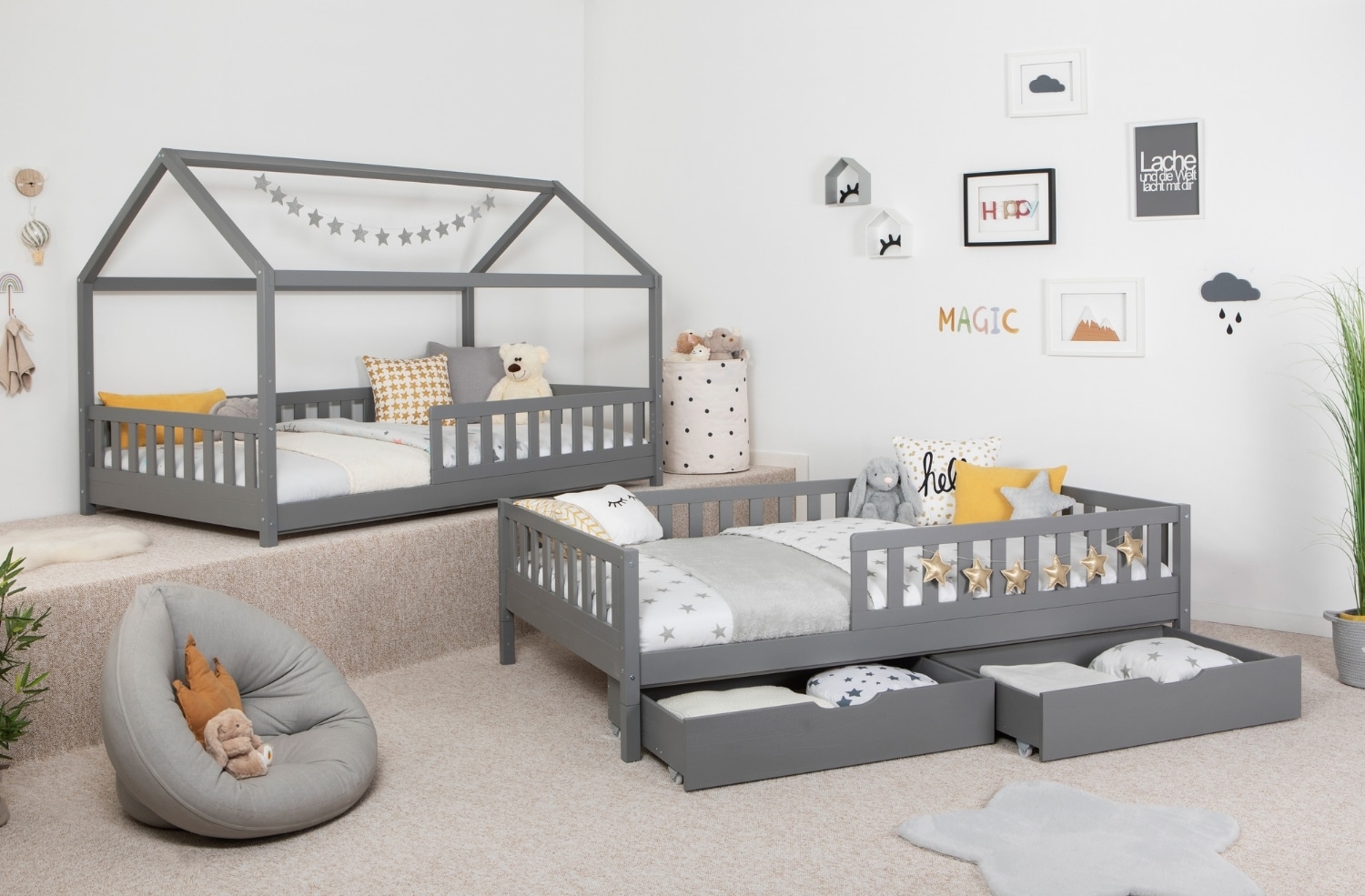 TiCAA 2 in 1 Hausbett Bodenbett wandelbar mit abnehmbaren Dach Duo 90x200, 100x200 cm, 120x200 cm, 140x200 Wei&szlig; f&uuml;r Jungen & M&auml;dchen mit Schubladen, Rausfallschutz & Rolllattenrost &ndash; aus Kiefer Massivholz - Bild 1