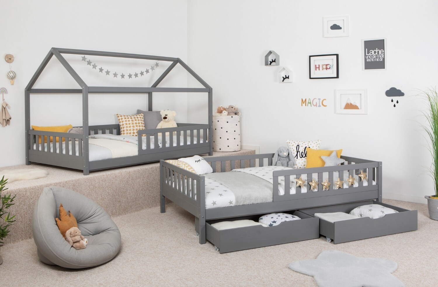TiCAA 2 in 1 Hausbett Bodenbett wandelbar mit abnehmbaren Dach Duo 90x200, 100x200 cm, 120x200 cm, 140x200 Weiß für Jungen & Mädchen mit Schubladen, Rausfallschutz & Rolllattenrost – aus Kiefer Massivholz