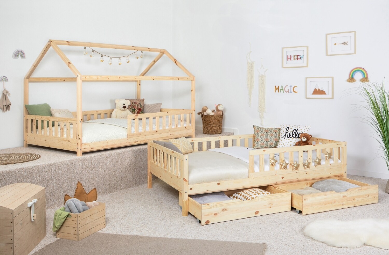 TiCAA 2 in 1 Hausbett Bodenbett wandelbar mit abnehmbaren Dach Duo 90x200, 100x200 cm, 120x200 cm, 140x200 Weiß für Jungen & Mädchen mit Schubladen, Rausfallschutz & Rolllattenrost – aus Kiefer Massivholz